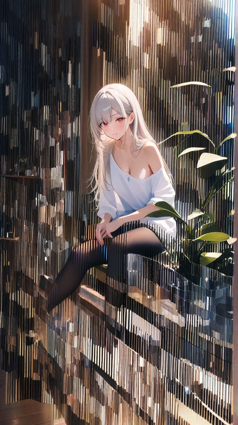 (masterpiece, Best quality, absurd), 1 girl, white hair, long hair, straight hair, blunt bangs, light blue eyes, big breasts, aesthetic waist, pale skin, white shirt, short jeans and silver heels, beautiful face, face angry, full length, in a dark abandoned building without lights and destroyed, masterpiece, at night, pointing finger at me, sitting on a wooden platform, ruka, view from below, the sole of the shoe is visible, his foot is glued to the camera
