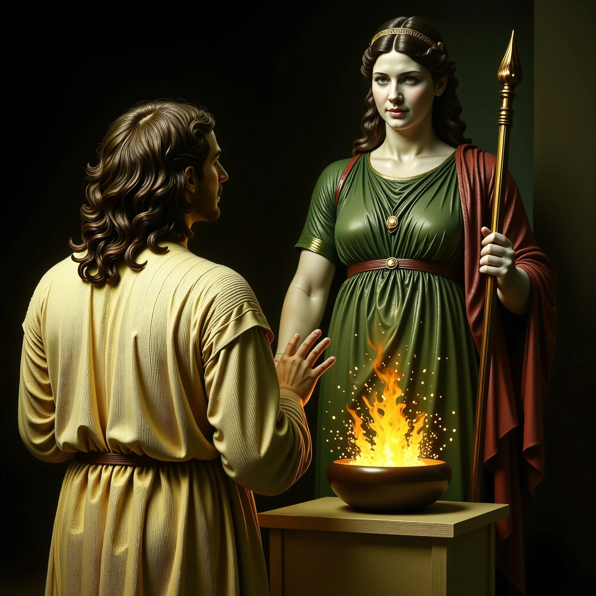 An epic mythological scene from Ancient Greece, seen from behind. King Eurystheus stands before his home altar, his back to the viewer. He wears a simple, long, wrinkled white robe, with long brown hair and a gray beard. In front of him, centered in the composition, stands a life-size statue of the goddess Hera, made of white marble and painted as she was in antiquity: a green dress with red details, brown hair held back by a golden crown, a serene expression, and a majestic posture. The goddess holds a golden scepter in one hand. At the statue's feet, a lit pyre throws sparks and illuminates the scene with warm, golden hues, contrasting with the dark background of the temple. The style is classical and realistic.