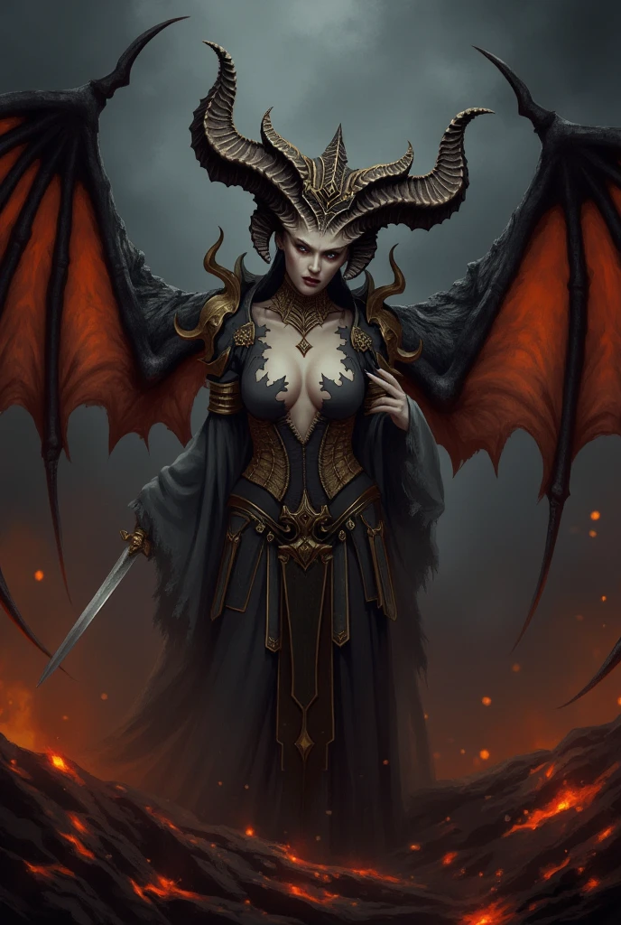 a fierce woman dressed in a ancient dress with horns on her head and a dark background, 1demon_woman, breasts, cleavage, horns, jewelry, short_hair, solo, standing