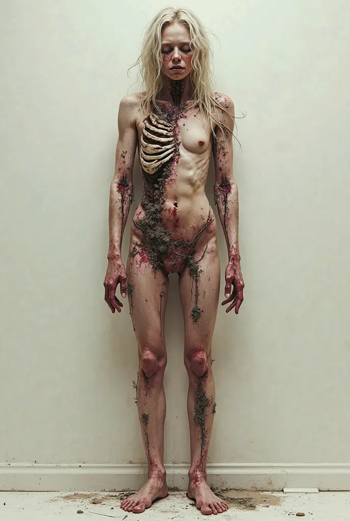 Create an original yokai named Kusare Onna. This yokai has a body with rotting flesh falling off, emits a foul odor, has rotted nails, dead eyes, moves very slowly, has decayed teeth, and constantly wears a creepy grin. The background is an abandoned basement, emphasizing a decayed and eerie atmosphere.


