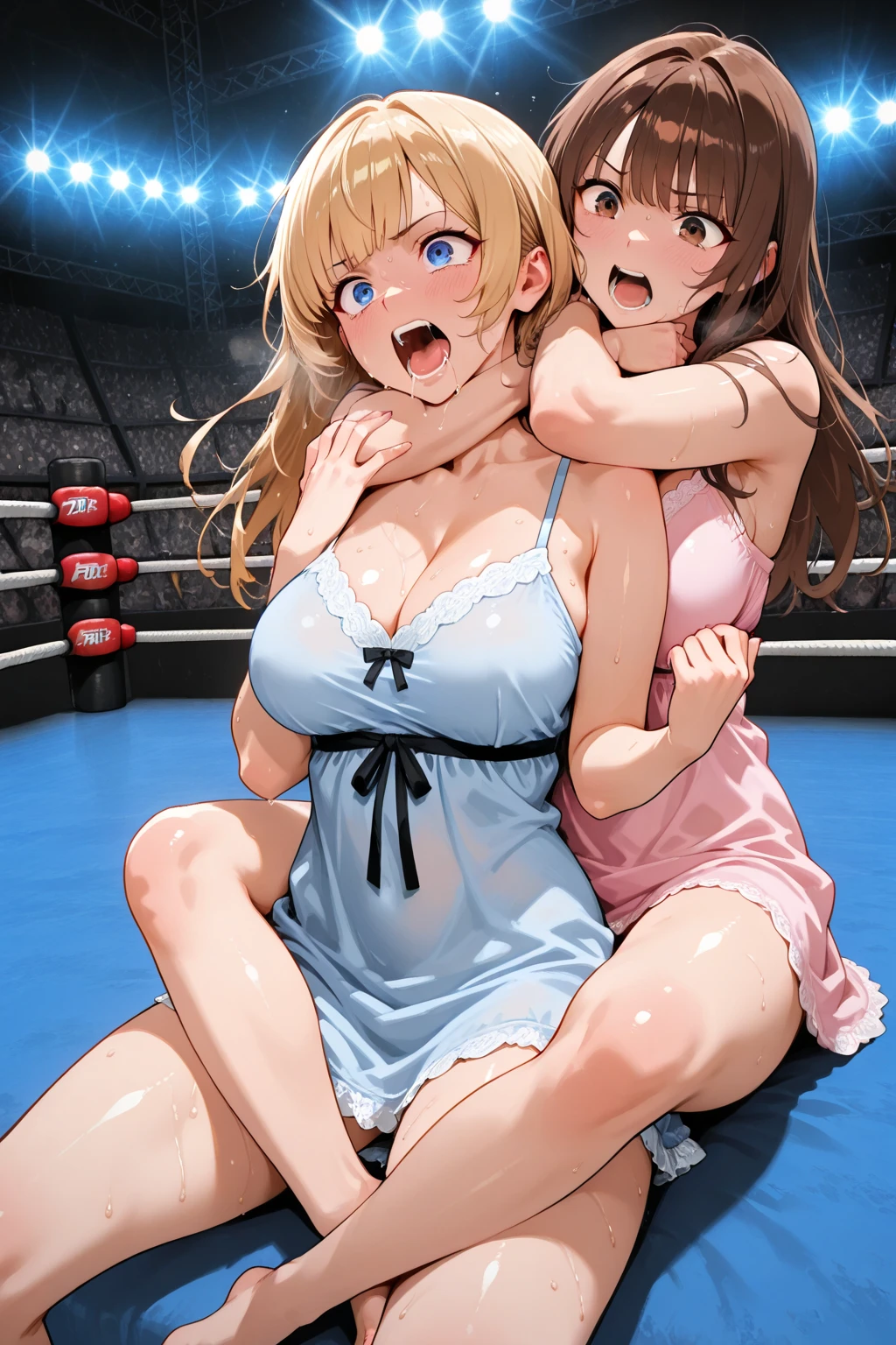 score_9, score_8_up, score_7_up, source_anime, takeda hiromitsu style, ((1muscular girl, tall stature)and(1shota boy,short stature)),hetero,(1muscular girl,tall stature:1.4),(long hair, french braid),straight hair, (blonde hair), light blue eyes, (huge breasts), pale skin,shiny skin, (rolling eyes:1.4),(ahegao),(trembling), erectile nipples, ((She wears idol costume, thigh high socks)), cum in pussy,(cum on clothes:1.4), cum on breasts,cum on body,cum facial, bukkake, cum in mouth,cum on hair,(excessive cum), (1shota boy, short stature:1.4),((smug)),small penis, ((((hug from behind)))), sex from behind, standing sex, ((((motion lines)))), vulgarity, clothed,(wrestling ring),