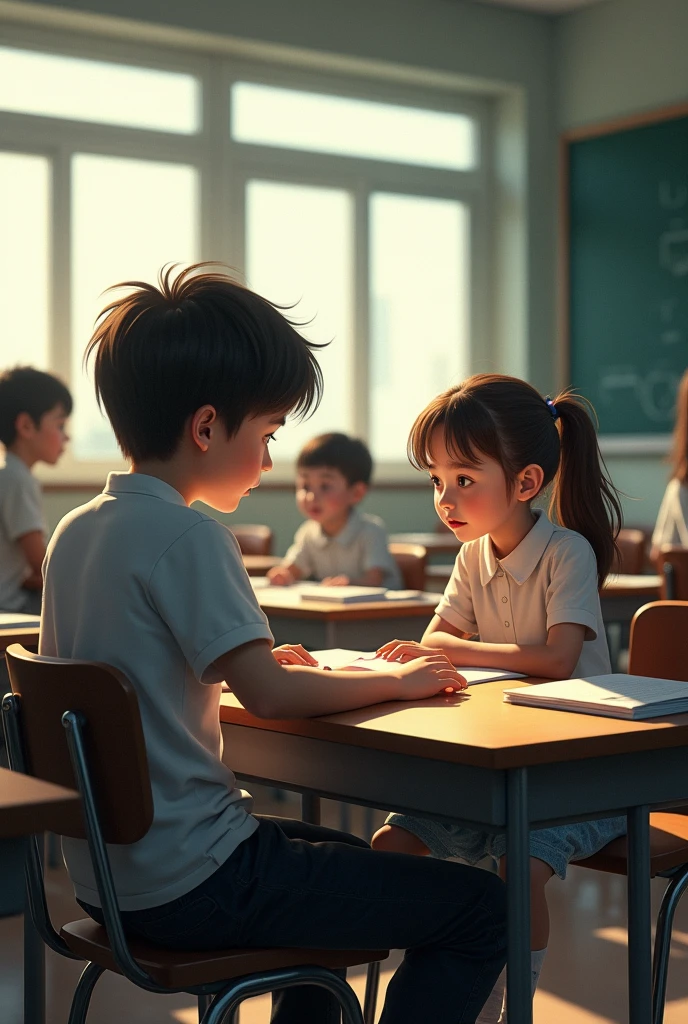 Imagine a classroom with a nostalgic, dreamy atmosphere. A is sitting on a wooden bench, staring with admiration at his crush, a girl of the same age, who is seated on another bench far away. The style is dream-like, filled with imagination, soft lens flare, and a subtle blue tint. The scene should be portrayed in a way that captures the innocence and wonder of young love."Additional Details:Style: Dreamy, with elements of imagination and surrealism.Lens Effects: Soft lens flare, slight blue tint to enhance the dream-like quality.Focus: The boy's gaze and the distance between the two, emphasizing the sense of longing and admiration.