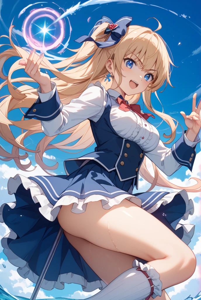 masterpiece, best quality, highres, ponytail hair, (single braid:1.2), hair ribbon, red blazer,buttoned blazer, blue bowtie, white skirt,smile,jumping ,from below,background the sky, 