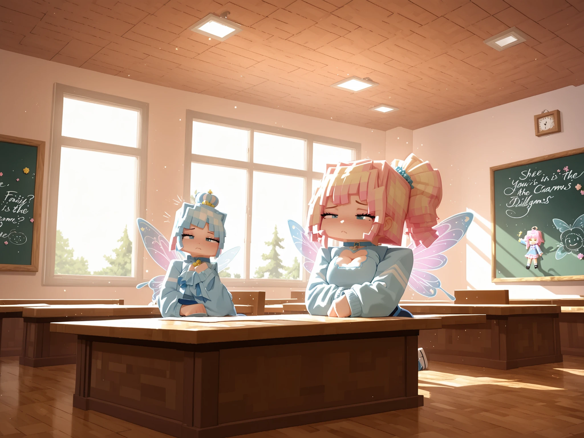(A fairy academy where fairies can learn magic and charms):{1fairy}, Your skin glows like twilight-colored neon,and her fairy wings like baby blue,She is in the spotlight compared to the other fairies, in a classroom, (masterpiece, high quality 4k.)