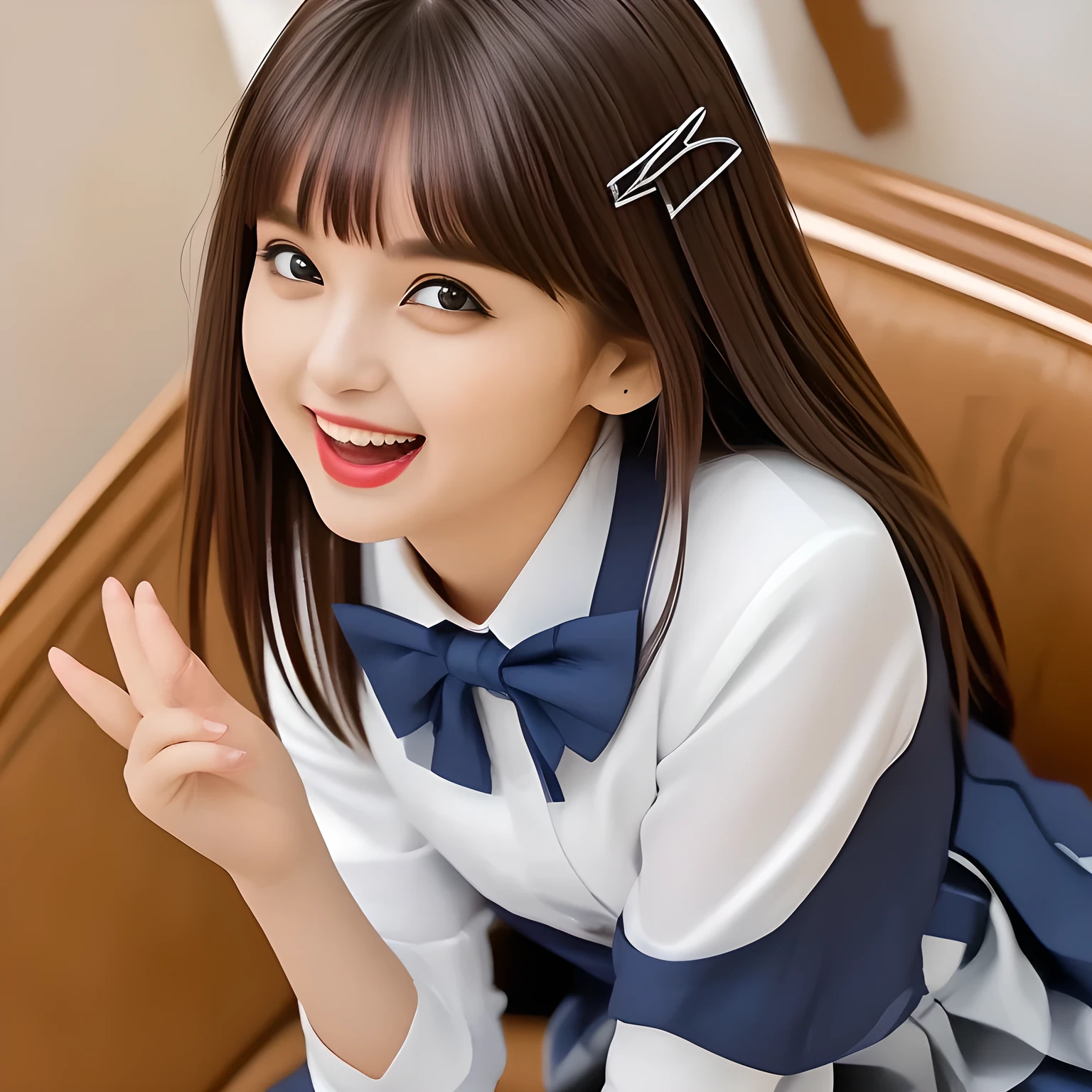 (highest quality, masterpiece, clearly detailed:1.5), highest quality, High resolution, 1080p, 8K, (Too beautiful ((purest)) ((sweetest and cutest)) ((beautiful Sylphlike and Wispy)), ((Too much beloved)) noble weak beautiful girl with detailed, like typical heroine (whom every boys dream of), Japanese with girly eyes, 155cm height, ((Limber body)), Defenseless charm make everyone want to stand by her, evil minded like ethereal succubus, sharp body-line, beautiful hands and fingers treat her own hair, with detailed: 1.7), (laughing white slender face with unreal beauty, overflowing with translucence: 1.8), ((Neatest (navy colored) blazer school uniform, shiny-blue bow-tie, school navy pleats plaid skirt with detailed), brown loafers: 1.8), (Too beautiful ((cute ((brown prominent eyes)) like a ((young idol)) eyes)), ((prominent droopy eyelid)), gazing up, and her neatness charm the viewer), ((high-class and neatness of intelligent school uniform middle-length skirt is very impressing), focus on her beautiful face with detailed: 1.8), (black super-long wavy hair, bangs trimmed carefully, neat tight long hair: 2.0), (Sitting properly with knees closed on the floor: 1.5), (Sultry ((sexual promotion)) of most high-class dark hotel, most Decadent girl contest winner: 2.0), ((take a Juicy Curvaceous (((Seductive laughter))) shot of too beautiful laughter make my body and mind full of crazy lust): 1.8)