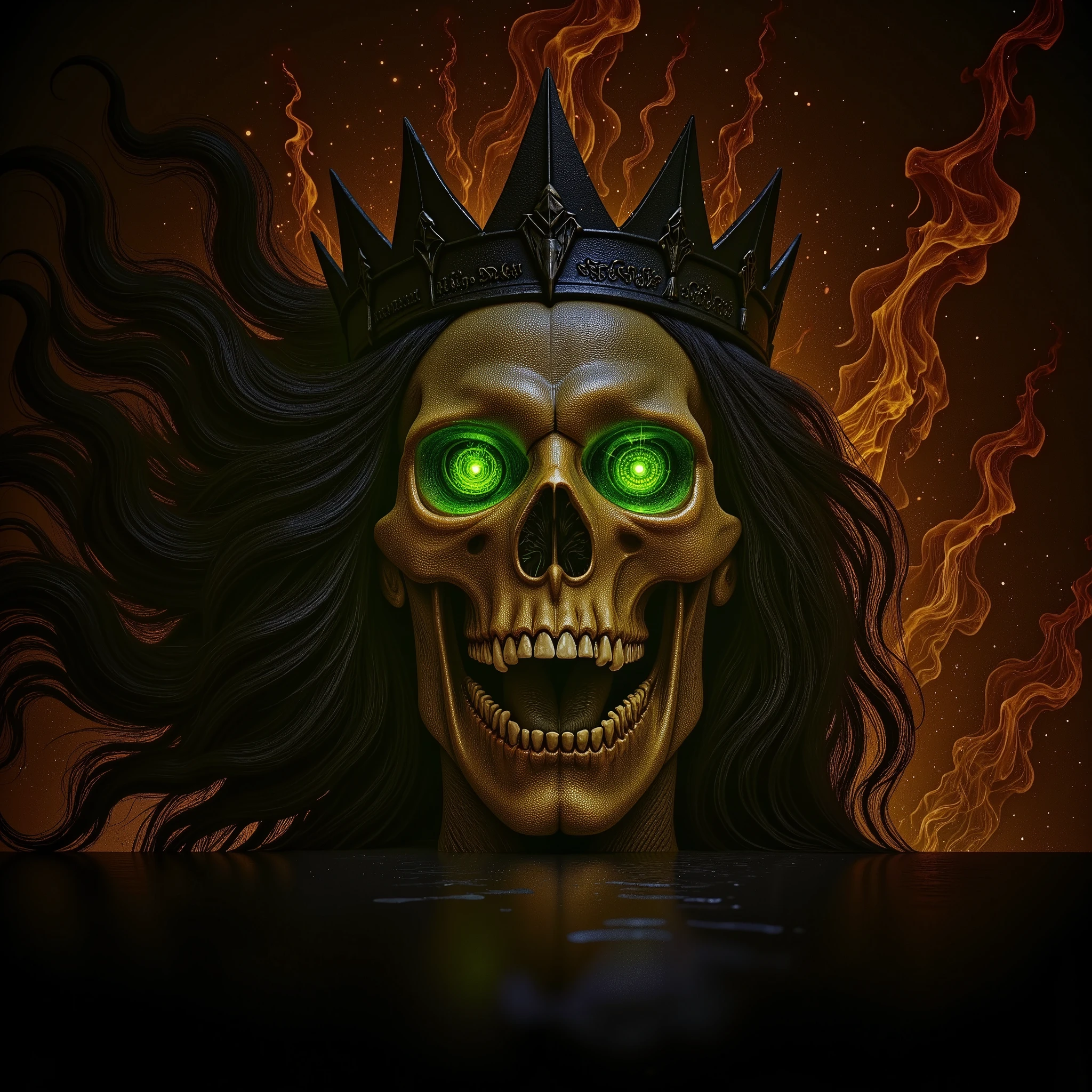 A skull representing Hades, centered in the composition, with a menacing expression. Its mouth is open in a silent scream, and intense green flames emanate from its empty eyes. On its head is an obsidian crown with jagged, sharp points. The skull has long, straight, black hair that flows as if exploding in all directions, creating a sense of dramatic movement. In the background, flames of fire in shades of red, orange, and yellow consume the scene, illuminating the skull with warm reflections. The style is epic, dark, and mythological, with a realistic aesthetic and a hellish atmosphere.