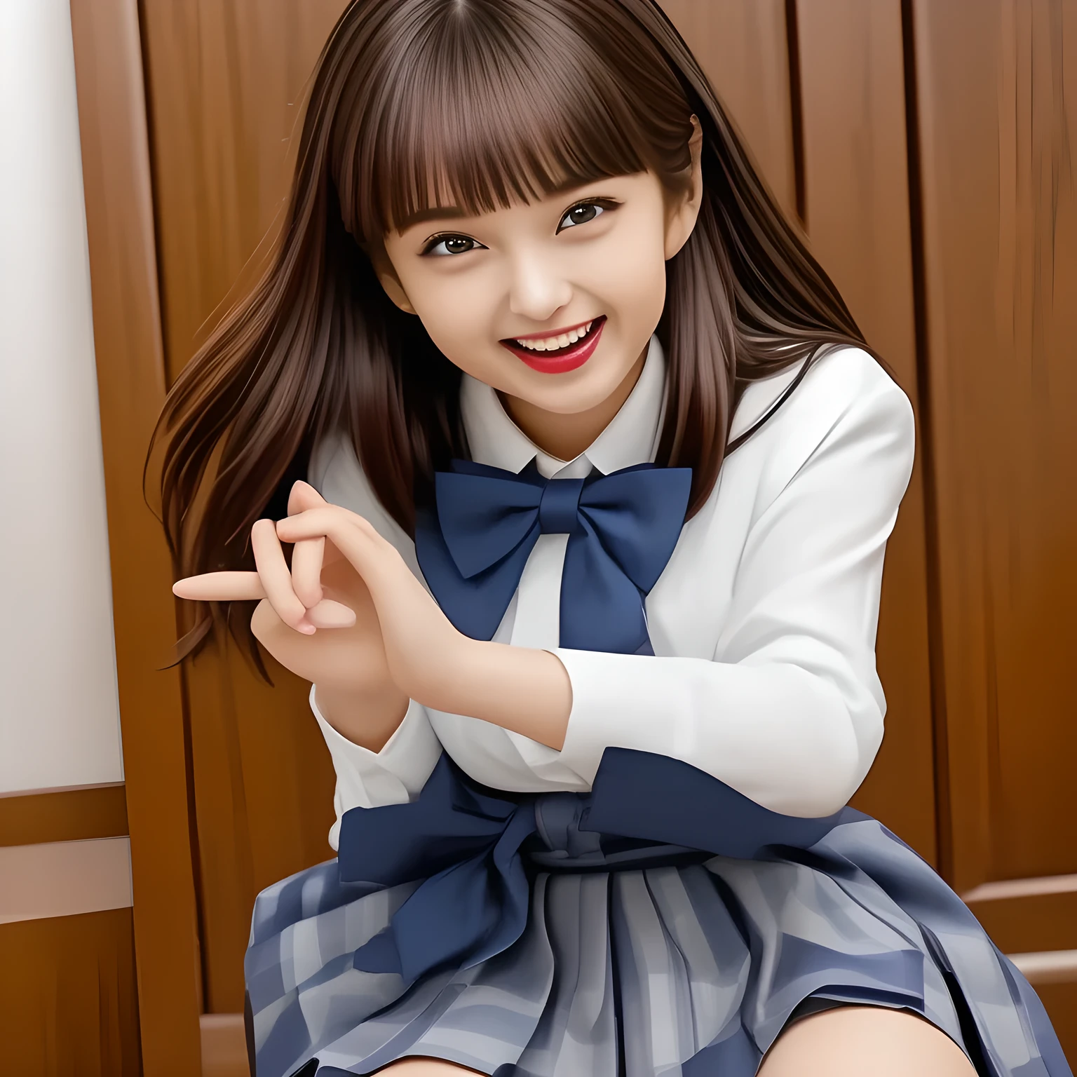(highest quality, masterpiece, clearly detailed:1.5), highest quality, High resolution, 1080p, 8K, (Too beautiful ((purest)) ((sweetest and cutest)) ((beautiful Sylphlike and Wispy)), ((Too much beloved)) noble weak beautiful girl with detailed, like typical heroine (whom every boys dream of), Japanese with girly eyes, 155cm height, ((Limber body)), Defenseless charm make everyone want to stand by her, evil minded like ethereal succubus, sharp body-line, beautiful hands and fingers treat her own hair, with detailed: 1.7), (laughing white slender face with unreal beauty, overflowing with translucence: 1.8), ((Neatest (navy colored) blazer school uniform, shiny-blue bow-tie, school navy pleats plaid skirt with detailed), brown loafers: 1.8), (Too beautiful ((cute ((brown prominent eyes)) like a ((young idol)) eyes)), ((prominent droopy eyelid)), gazing up, and her neatness charm the viewer), ((high-class and neatness of intelligent school uniform middle-length skirt is very impressing), focus on her beautiful face with detailed: 1.8), (black super-long wavy hair, bangs trimmed carefully, neat tight long hair: 2.0), (Sitting properly with knees closed on the floor: 1.5), (Sultry ((sexual promotion)) of most high-class dark hotel, most Decadent girl contest winner: 2.0), ((take a Juicy Curvaceous (((Seductive laughter))) shot of too beautiful laughter make my body and mind full of crazy lust in extreme pleasure): 1.8)