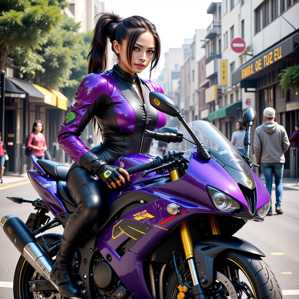(realistic:1.5), (realistic:1.4), 8K, Ultra-high-definition beauty 1 person, intricate body details, (highest quality: 1.0), (Super high sharpness: 1.0), (thin hair:1.4),(Beautiful and delicate depiction of eyes),((((riding a motorcycle)))),unreal engine:1.4,photorealistic:1.4, skin texture:1.4, masterpiece:1.8,highest quality at best, ((full body shot))、(((Purple Rider Suit))、((Long leather pants and racing boots)))、long limbs、smile、((braided hair))