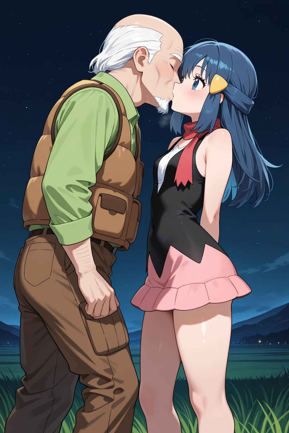 sex vaginal, anime style, medium breasts, small ass, dawn (pokemon), blue eyes, bleu hair, anime art style, cheerleader outfit, crop top, skirt, upskirt, against wall, back against wall, legs lifted up, under view, boy hands on ass, lifted up, looking towards each other