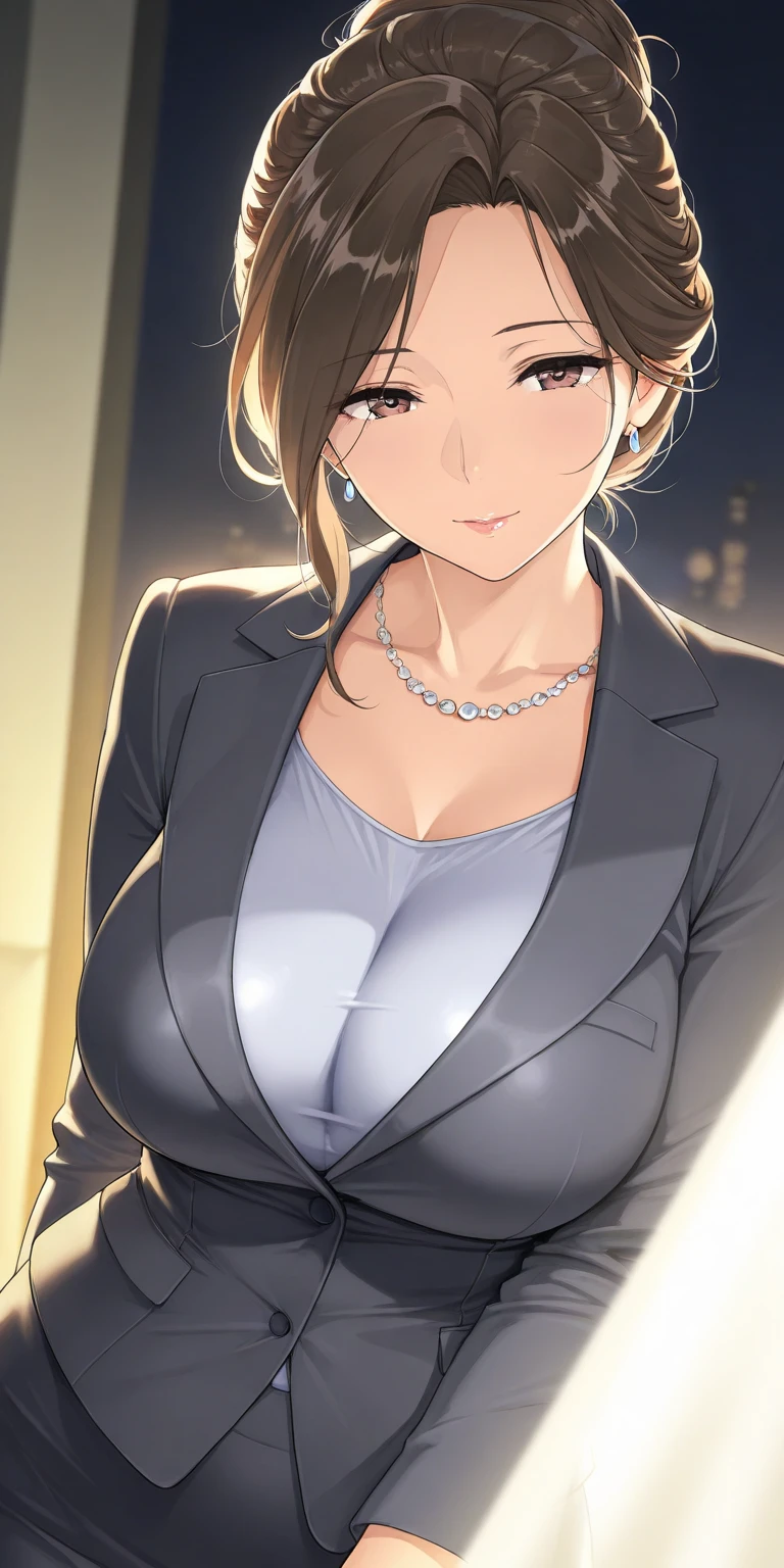 Anime - Imagen de estilo de una mujer en traje de negocios parada frente a una ventana, seductora chica de anime, OPPAI, Atractiva chica de anime, Anime CG arte suave, Hermosa y seductora mujer de anime, sonrisa sensual, Novela visual CG, Makoto Shinka, pechos grandes!, digital anime illustration, Hermosa mujer anime, Anya de Spy X Family, ; Novela visual