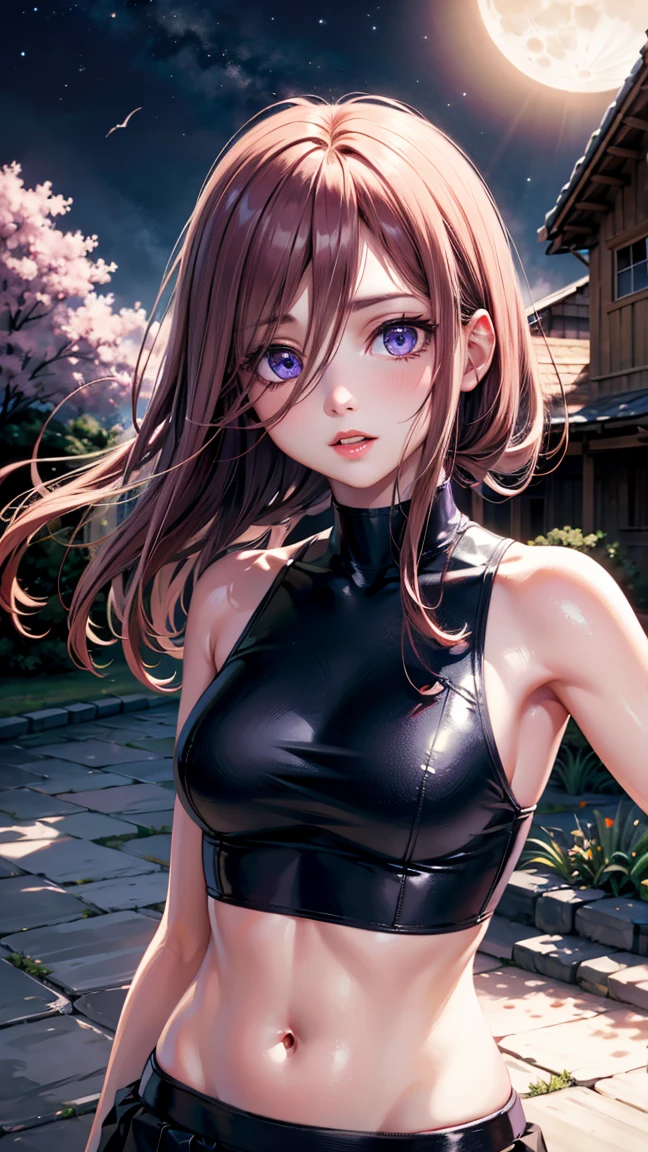 (masterpiece), Highest quality, Expressive eyes, Perfect Face, View your viewers, One girl, alone, Mature Woman, Mouth closed, (((Dark skinned women))), (((Dark Skin))), (leotard), black leotard, Elbow hand pockets, Bare shoulders, clavicle, Yellow Eyes, Purple Hair, Long Hair, ponytail, (forest), (spring), cherry blossoms, null, Yoruichi、Sweating with aphrodisiac、Sweat makes the fabric transparent and your skin is visible through it，The aphrodisiac circulates throughout the body、Have patience、On the brink of climax、Constraints、ロープによるConstraints、Constraints、Kneel，Hands tied behind back、Chained with an iron collar
