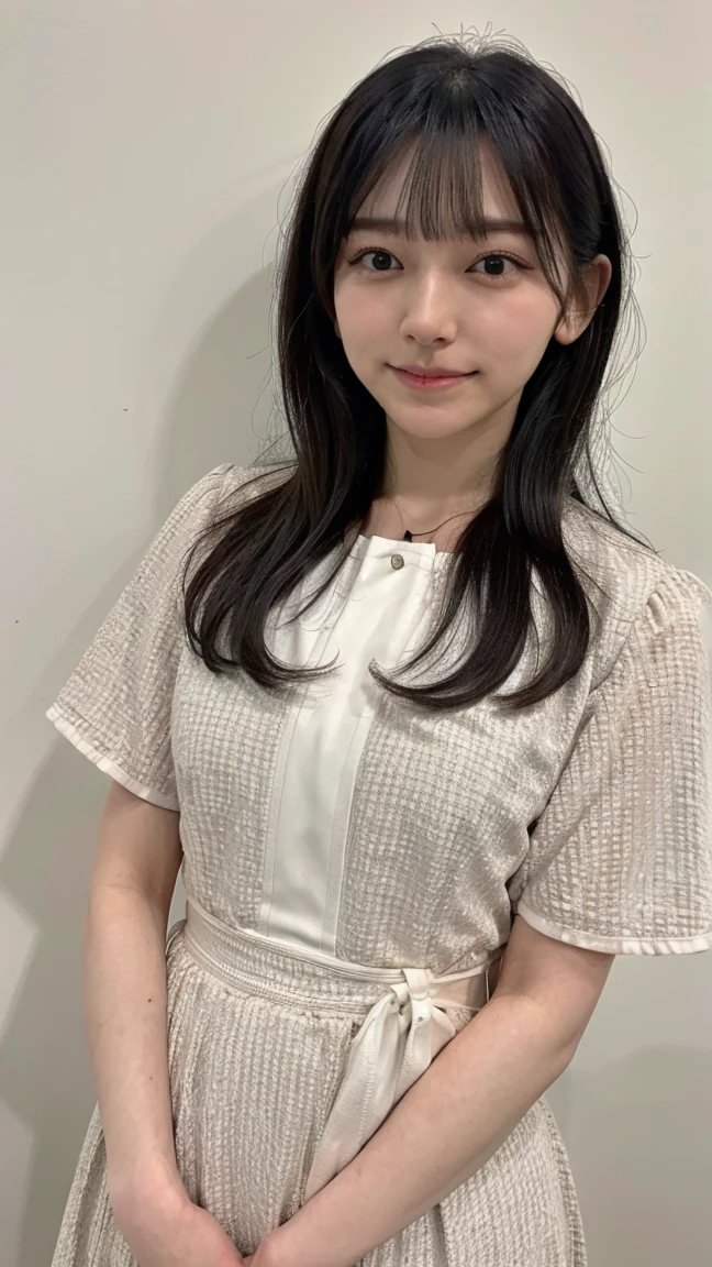 (Highly realistic photos, High resolution, detailed face, fine eyes), ((Taken in front of a white wall))、japanese woman, 40 years old, various expressions, alone:1, slim figure, different hairstyles, casual clothes, Only one person appears in the photo、long sleeve dress、Photographed in natural light、simple necklace、spring clothes、don&#39;t look at the camera、profile、dark brown hair color、bob hair、hands are down