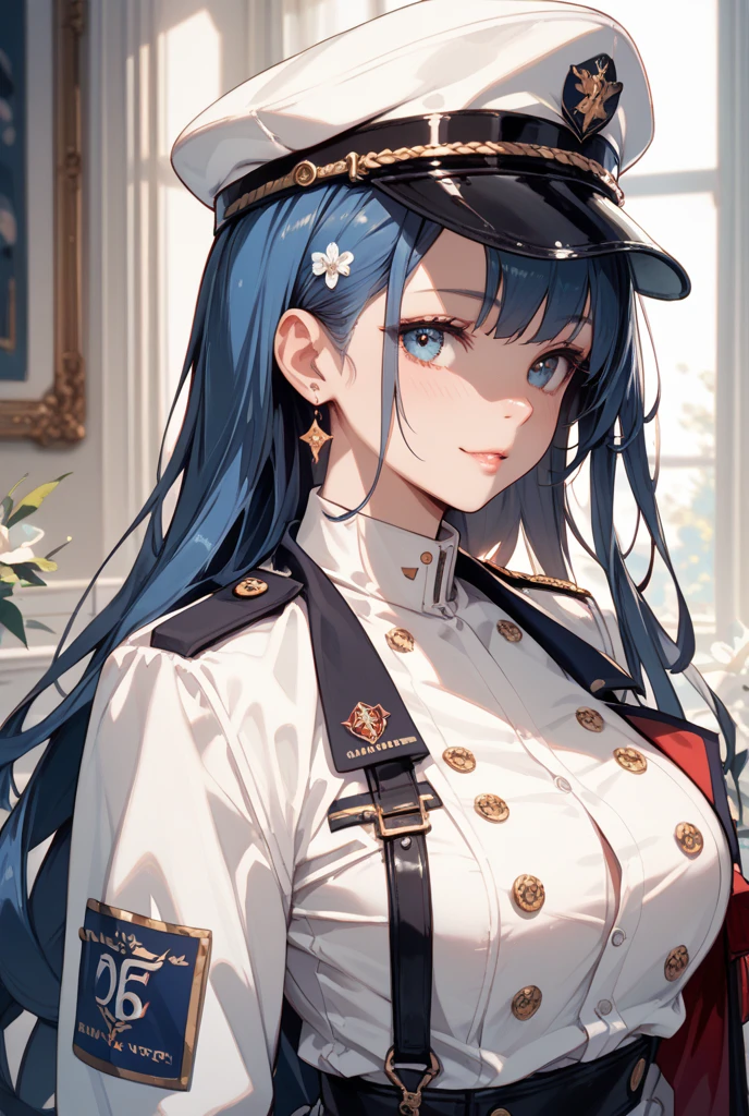 1girl, solo, long hair, breasts, looking at viewer, smile, blue eyes, large breasts, hat, cleavage, very long hair, blue hair, choker, uniform, hand on hip, military, military uniform, tattoo, black background, peaked cap