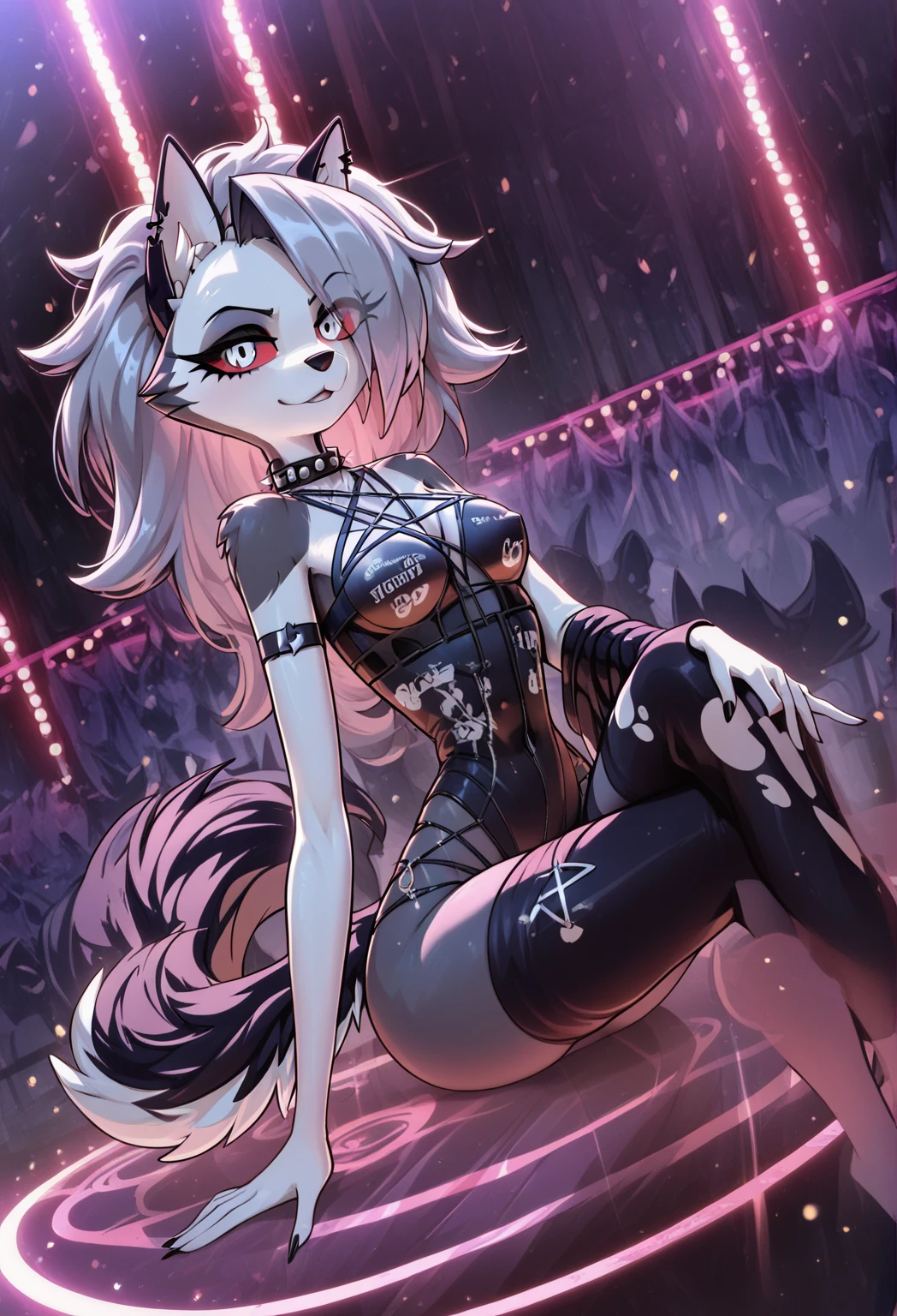 Highest quality, Highest quality, High quality illustrations, masterpiece, Ultra-high resolution, Detailed Background, club, Disco, Absurd, Perfect Anatomy, Performance, Good lighting, Shadows in the movie(kemono, Furry Personification), Dragon,Rubber Suit, latex, Earrings, Fishnet tights, male, Being restrained, null bulge
