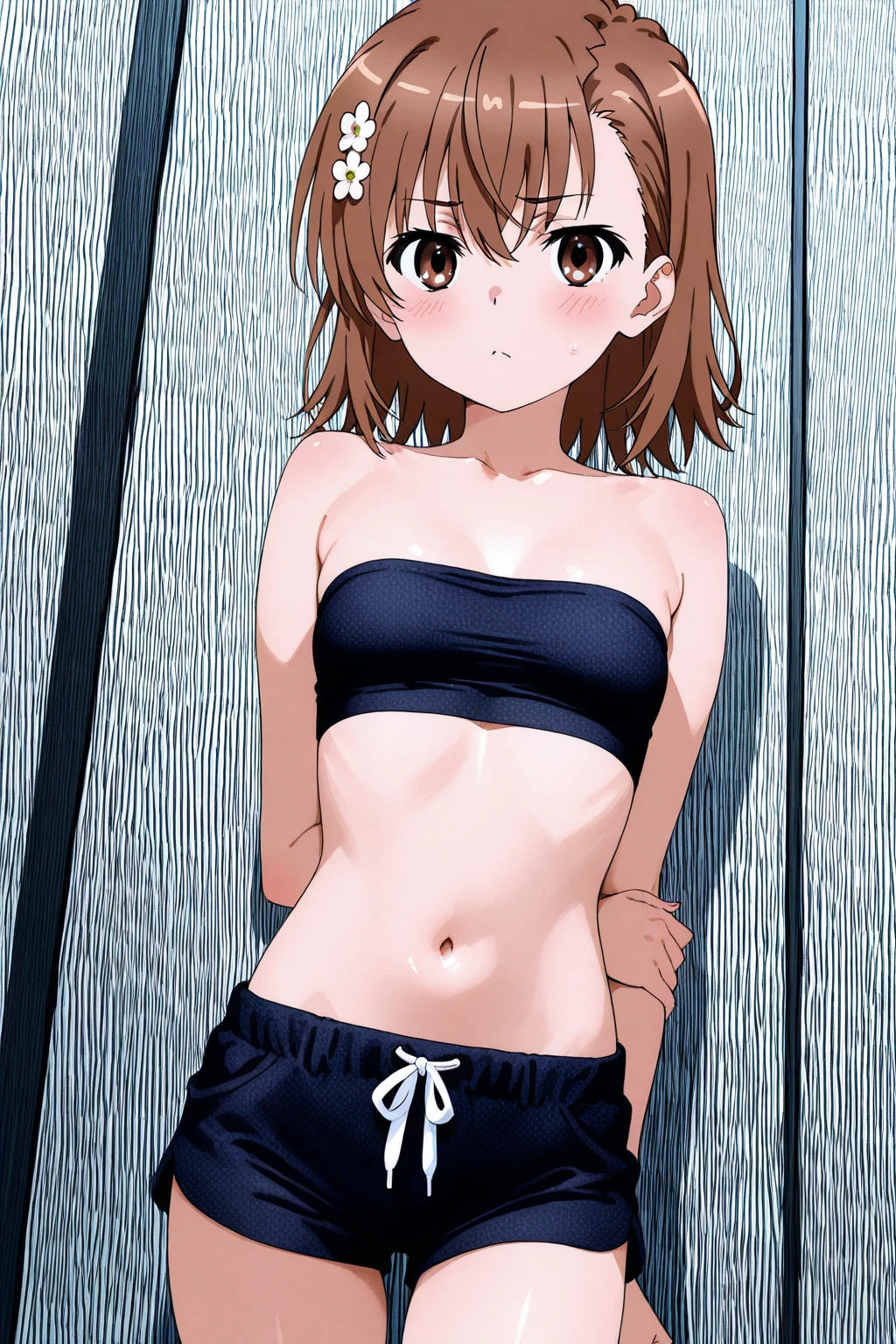 absurdos, high resolution, ultra-afiado, 8k, obra de arte, olhos expressivos, extremamente detalhado, 1 garota, Nobara Kugisaki, cabelo castanho, olhos castanhos, seios grandes, praia, mar, standing, bikini regatta, nervoso, inclinando-se,