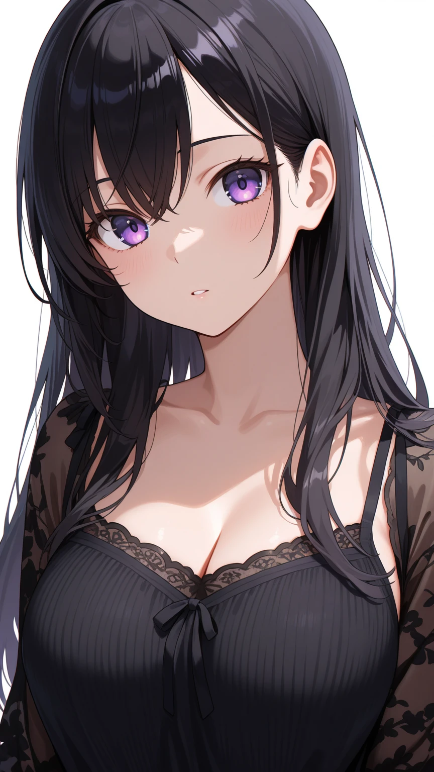 ((Highest quality)), Ultra-high resolution,Adult women, alone, sexy, (Tired face), (Purple Eyes), Beautiful face in every detail,(High resolution detail of human skin texture), (Black irregular long hair), Black lace dress,Black long skirt,Realistic:1.4,Realistic:1.4,Dark room,((masterpiece)),Perfect Eyes,Perfect Eyes,（Sleep-deprived face）,Ample breasts