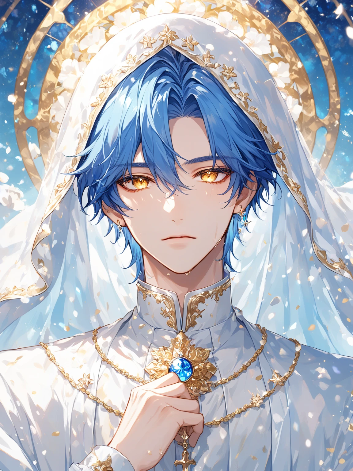 absurdres, highres, ultra detailed, HDR, master piece, best quality, perfect face, beautiful eyes, Gojou Satoru, white hair, expressive blue eyes, white eyelashes, Jujutsu Kaisen, solo, sexy man, handsome, horny, lewd, bedlah clothes, white veil, accessories, showing the chest, luxurious room, window, red curtains, petals, Nu Carnival