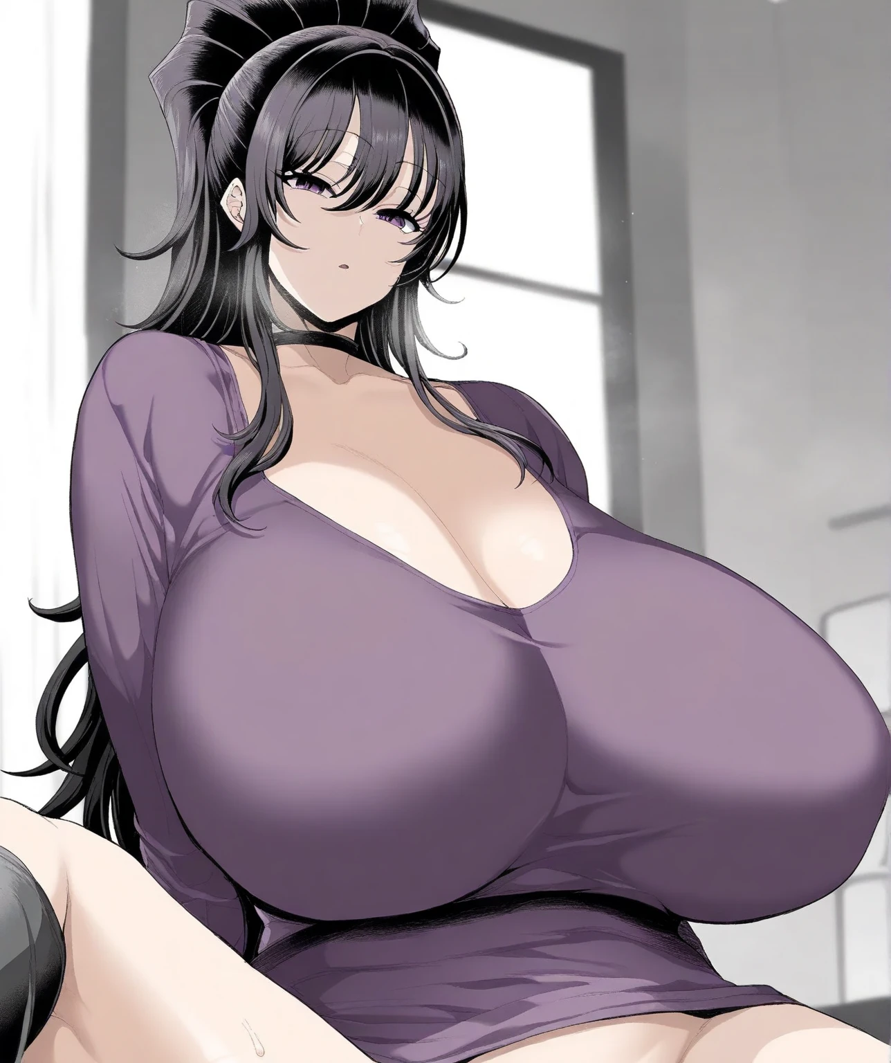 big lips, Brown hair, pink eyes, japanese face, improve, improve grin, two sides up, huge breasts, Wide hips, sexy, detailed, room, Hits, (evil smile1.4), kawaii, skirt lewd, lewd, GOOD, lewd costume, lewd shirt, choker, lewd skirt, lewd shirt,navel piercing,ropa interior lewd,huge breasts,visible pussy