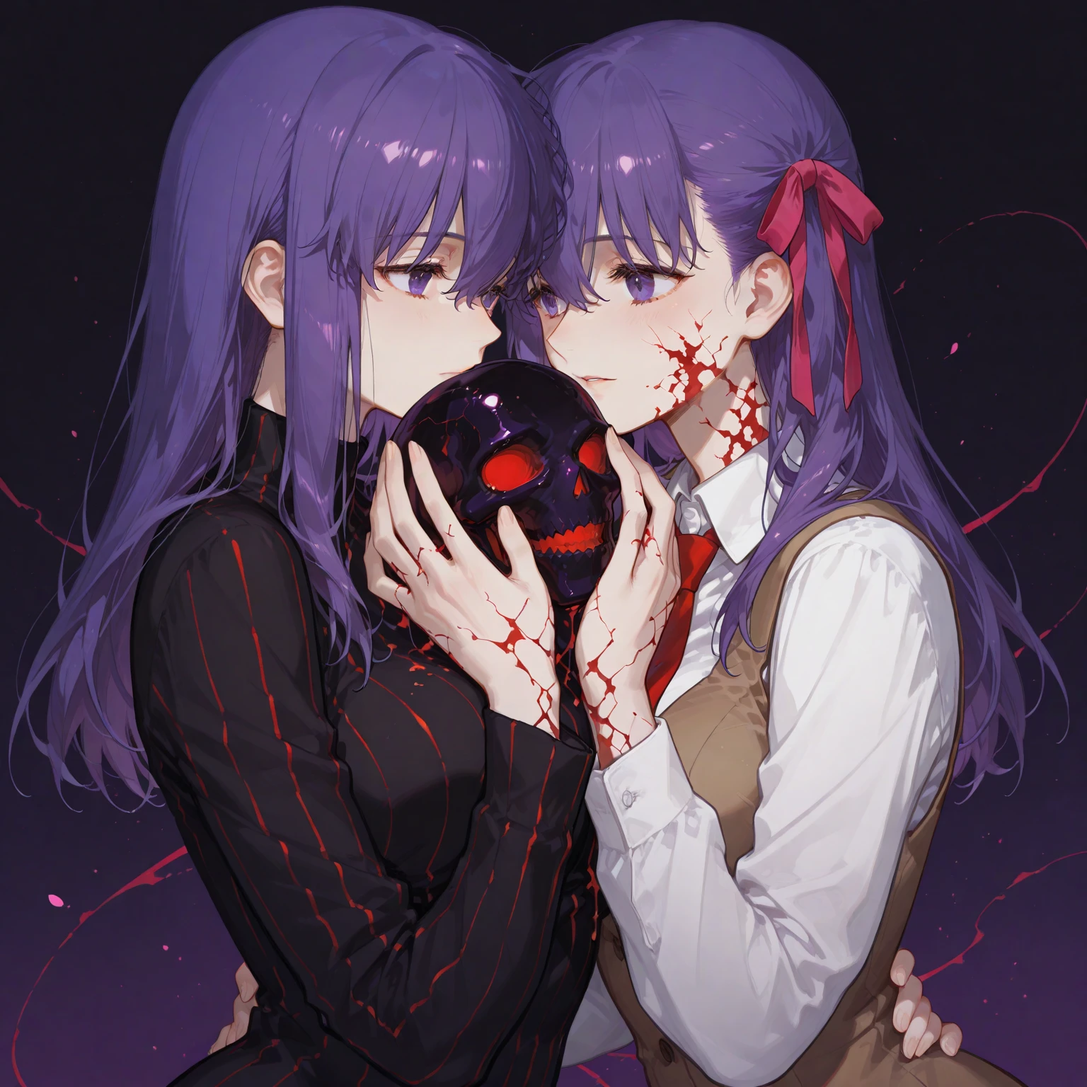 Old factory, dark background, ((multiple girls)), (2girls), pink hair in a bun, ((swept bangs)), seifuku with the leading colors of black and red, black short-sleeved blouse with a red sailor collar, black knee-length pleated skirt, light blue tights, blood on face, blood on hands, blood on clothes, blood from mouth, closed eyes, die, (laying in the lap of the purple-haired girl), ((shoulder-length purple hair)), red ribbon is tied into a bow on the left side of the hair, ((crossed bangs)), bright purple eyes, seifuku with the leading colors of black and red, black short-sleeved blouse with a red sailor collar, black knee-length pleated skirt, sitting on knees, expressionless, calm, looking down at the pink-haired girl