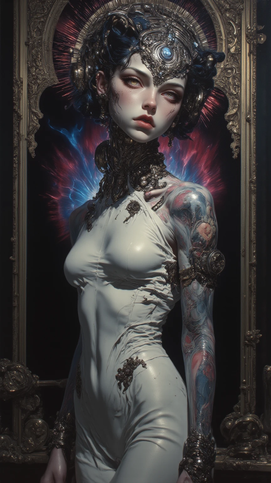 (by artist Gustav Klimt,by artist  Agostino Arrivabene,by artist Eileen Agar:1.4),award winning,
dark fantasy novel of a girl,android,cable,mechanical_parts,(black_torn_lace_clothes:1.1),(Black_crown:1.1),(black_very_very_long_hair),(kneel on the ground:1.2),(Black_tears,closed_eyes,painted_black_blindfold:1.3),biomechanical,neural machine,terror HRGigerAI,perfect hands praying,anatomically correct hands<lora:Perfect Hands:1>,facial structure,(colored_skin_antiquewhite),(colored_biomechanical,darkgray,darkred),detailed face,single subject<lora:DetailedEyes_V3:1><lora:InkArtXL_1.2:1><lora:MindWarp:1>,
(HRGigerAI style environment:1.3)<lora:HRGigerAI:0.8><lora:clear:1><lora:xl_more_art-full_v1:0.75><lora:DD-pnte-neg-v1:-1.5><lora:MJ52:0.5>,ZIP2D,ziprealism,