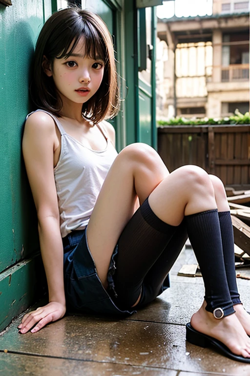 (Surrealism, RAW photo, Incredibly absurd, Nikon, 8k, super detail, masterpiece, intricate details), 
(anatomically correct, perfect human body, beautiful and cute face, silky skin), 
(16 years old, Japanese girl, idle face, Haruka Fukuhara, slim waist and busty body, Slender legs, large breast, baby face), 
((round face, black hair, short bob cut, bangs, Down-slating eyebrows, Moist eyes, Shining eyes, one little earring, light blush)), 
(Raise one leg and show socks, show inner thighs, emphasize the legs), 
(look down at the viewer, look sown at camera, close eyes and smile), 
((White thigh-high socks, micro mini skirt, Red oversized sweater)), 
(Tokyo, Aoyama, Main street, luxury building, luxury background, very crowded road), 
Natural lighting, ((full length, whole body, angle from below:1.2))