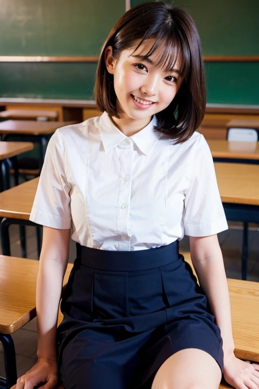 (masterpiece:1.3, highest quality),  (realistic, photorealistic:1.4), perfect lighting, perfect ???????, looking at the viewer, full body, Front view:0.6, 1 girl, alone, Japanese, high school girl, Improve, big breasts, big ass, seductive thighs, skin dents,
(short hair),  asymmetrical bangs, brown eyes, parted lips, (very tanned and shiny skin), smile,
beautiful hair, beautiful face, highly detailed face, detailed and beautiful eyes, beautiful clavicle, beautiful body, beautiful breasts, beautiful thighs, beautiful feet, beautiful fingers, ((collared short sleeve shirt, white shirt, school uniform, pink plaid pleated skirt, black tie)), white panties, polka dot hair scrunchie, 
( sexy pose), (enchanting smile), evening,Sit in the classroom,gal,(brown skin:1.5),(view from below), 1dildo
underwear
dildo under panties
dildo under clothes
dildo in pussy, open legs,