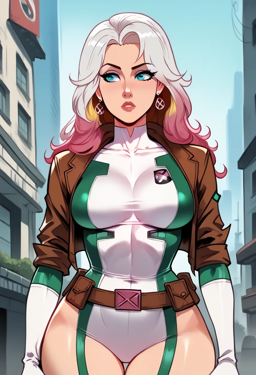 supermodel physique, perfect body, perfect clear skin, ultrarealistic, hyperrealism, photorealistic, ultra quality, masterpiece, high quality, beautiful, sexy face, pretty, slightly toned, fit, supermodel build, 3/4 body view, sexy waist, sexy hips, perfect legs, thigh gap, rogue, 1girl, solo, blush, wavy hair, multi colored hair, pink and grey top, pink and grey bottom, dynamic angle, high quality eyes, beautiful eyes
