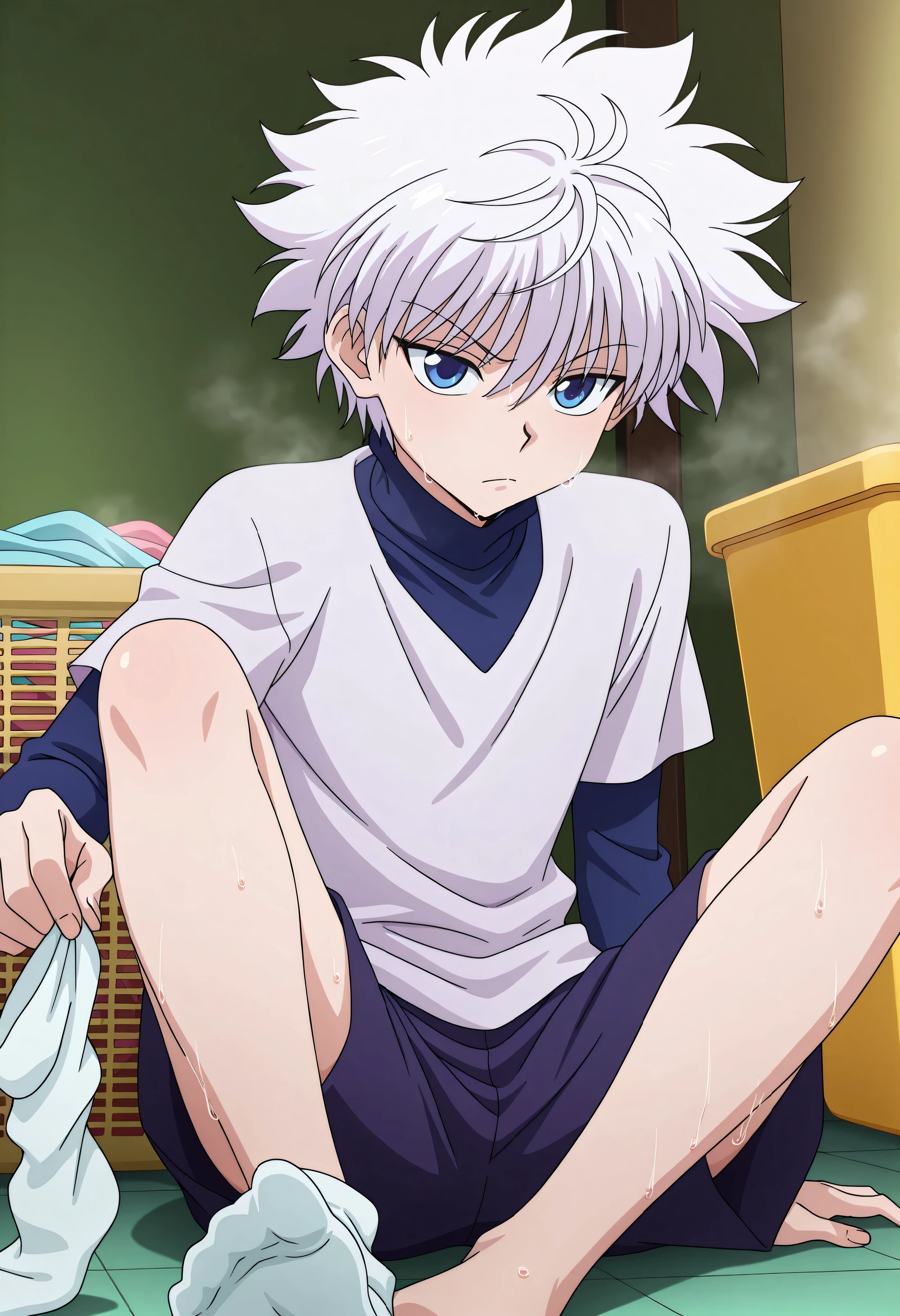masterpiece, best quality, , anime screencap, anime coloring, , , , killua zoldyck, 1boy, messy hair, male focus, blue eyes, shirt, shorts, long sleeves, layered sleeves, short sleeves, short over long sleeves, spiked hair, short hair, turtleneck, sitting, smelly, sweaty, steam, soaked clothes, feet, stinky, holding socks up, unimpressed, laundry basket,
