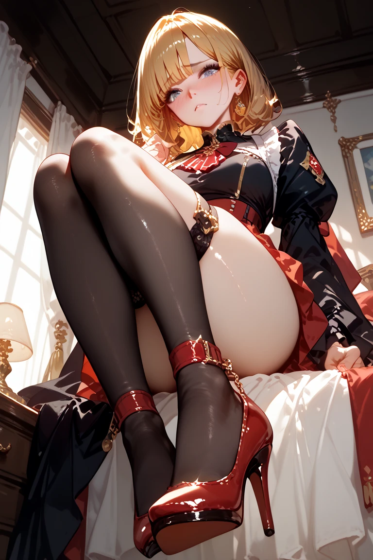Anime Waifu beautiful detailed eyes, beautiful detailed lips, extremely detailed eyes and face, longeyelashes, 1girl, sensual, young woman, medium breasts, beautiful feminine face, nice thighs, slim, sexy, erotic, beautiful clothes, perfect body, cinematic lighting and framing, (best quality,4k,8k,highres,masterpiece:1.2),ultra-detailed,digital painting,portrait,glamorous,highly detailed,soft lighting,warm color tones score_9, score_8_up, score_7_up, score_6_up, score_5_up, score_4_up,source_anime, full body, 1girl, p0w3r0x1, long hair, blonde hair, red horns, demon pupils, nude, black pantyhose, bunny suit, lie down, spread legs, legs up, thighhighs, wide hips, big ass