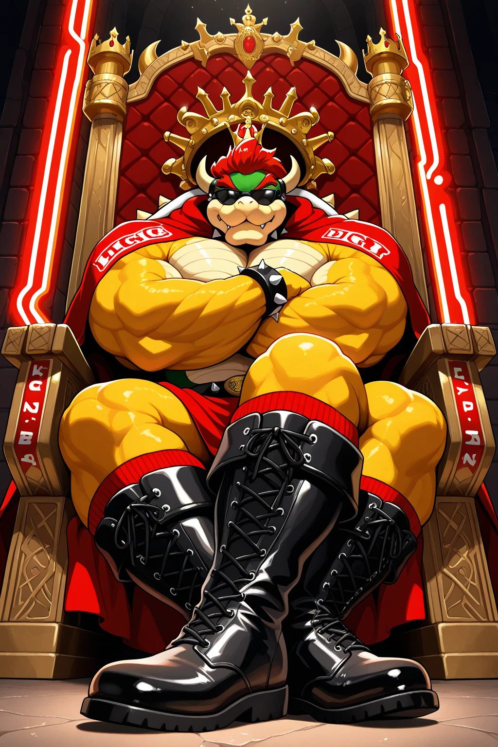 score_9, tall handsome male skinny man face, male pierced nipple, orc, warrior, sitting on black throne, harness, long flaccid big bulge, scars, leather pants, big abs, powerful, confident, topless, spikes, black nails, nipple play, buzz cut, bracelet, glistening skin, chains