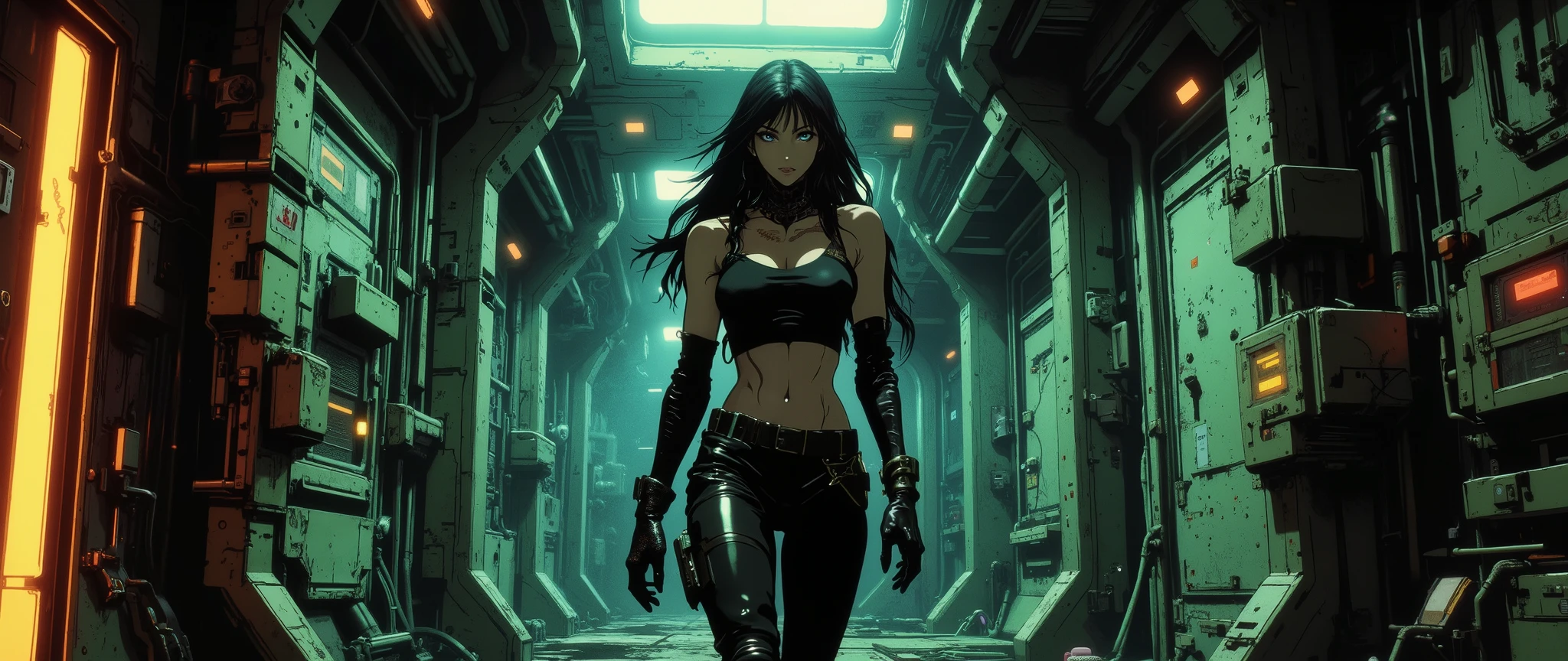 [[Anime Scene]] [[Anime Background]] A masterpiece, very current, high quality, 90s-style anime scene, with a dark and retro atmosphere, inspired by 90s anime. Low angle, a retro-style spaceship corridor, a corridor wall seen from the side, low angle, smooth metal structure wall, [[High angle]] the background is dark and poorly lit, the anime style features an anime background and a 32k cel tone technique. The rendering is in the style of the animes Vampire Hunter: Bloodlost and Blame and Black Lagoon. Exposed wires. The ship has a steampunk style. Straight and linear walls, [[High angle]] [[Side view]] [[A woman dressed in a black tank top, black gloves, black leather pants, long black hair is walking in the corridor]] [[Side view]] inspired by post-apocalyptic spaceships.
