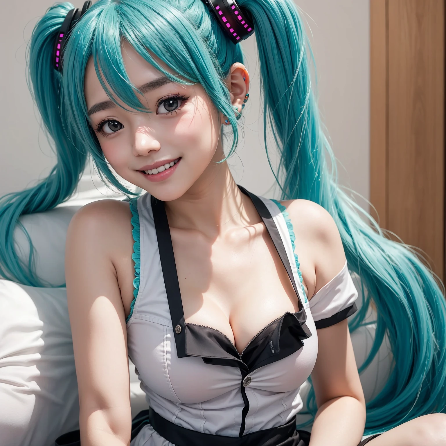 (((front focus))), Keywords: cute girl with big eyes on the tokyo street at night, (((character hatsune miku))), full body, in the dark, low key, love pupils, [shy], Hyperrealist portrait of female by david hockney and alphonse mucha, tosca hair color, long hair, twin tail with pony, master works, best picture quality, super high resolution, higher quality, beautiful girl, female, hair ornament, 8k resolution, blush, thin shoulder strap, dusk ((character on the bed)), magic ring, cinematic light, night city background, Solo, Eyebrow Pattern, Beautiful red Eyes, Beautiful Glow, Best Quality, Illustration, Masterpiece, Best Production, Best Quality, Highly Detailed, burning hair, necklace
((Masterpiece)), ((Highest Quality)), exquisite CG, blue-purple tone, sweet
Beautiful girl with a cute smile ((big smile)), long leg, big ass, huge breast, hot girl, dynamic pose, (((hatsune miku idol costume)))
