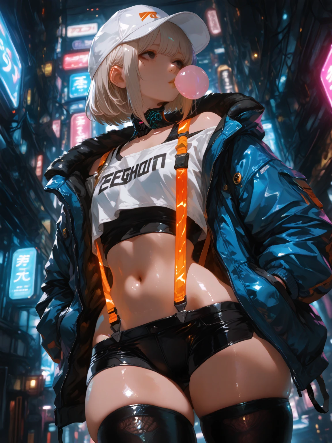 work of art,best qualityer,high resolution,30 year old woman,hair blue,tied up hair,beautiful face,yellow eyes,glare eyes,Cat's ears,perfectbody,ATHLETIC BODY,milf,body builder pose, breasts small, thick-thighs,big-ass,round buttocks,body builder,Jacket over,good, perneiras,standing,expression of pleasure, inside the room