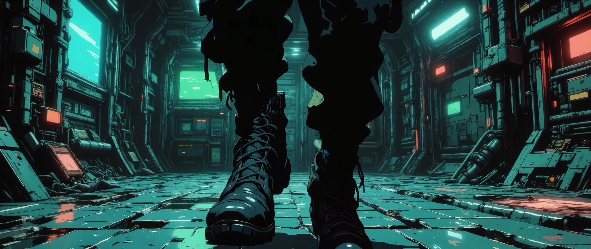 [[Anime Scene]] [[Anime Background]] A masterpiece, very current, high quality, 90s-style anime scene, with a dark and retro atmosphere, inspired by 90s anime. Close-up scene of combat boots seen from a right angle, the scene captures footsteps, only the feet, close-up of black combat boots on the floor of a retro-style spaceship, right angle, smooth metal structure wall, [[Right Angle]] the background is dark and poorly lit, the anime style features an anime background and a 32k cel tone technique. The rendering is in the style of the animes Vampire Hunter: Bloodlost and Blame and Black Lagoon. Exposed wires. The ship has a steampunk style. Straight and linear walls, [[Right Angle]] [[Side View]] [[Side View]] inspired by post-apocalyptic spaceships.