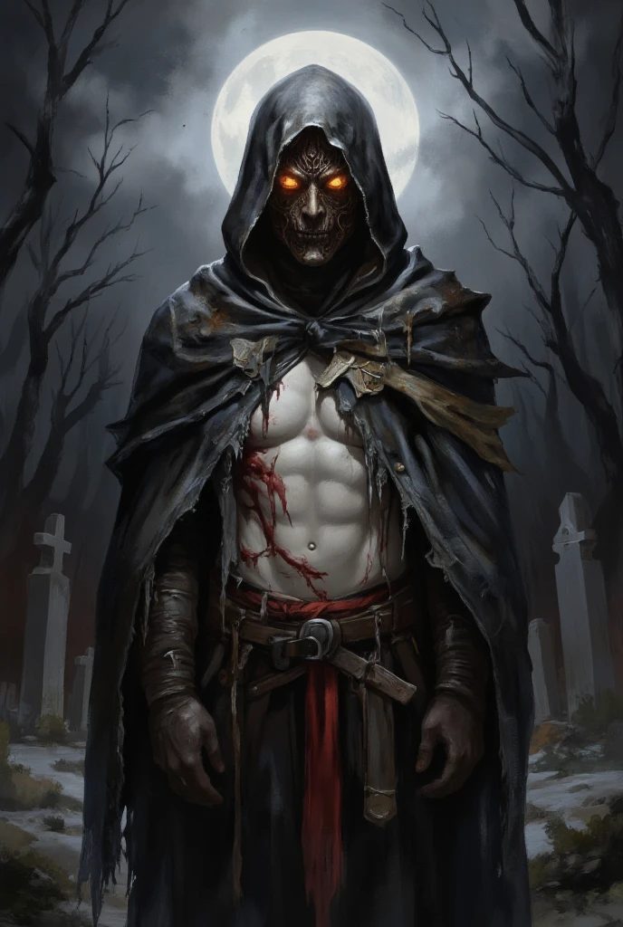 hooded skeletal figure, gold ornate details, dark flowing robes, full moon, dark blue and black tones, gold jewelry, mystic symbols, subtle red accents, gothic, dark fantasy, baroque elements, comic book drawing, (scythe), muscular, cowboy shot, masterpiece, intricate details, (surreal), ((oil painting \(medium\))), fantasy art, concept art, by greg rutkowski