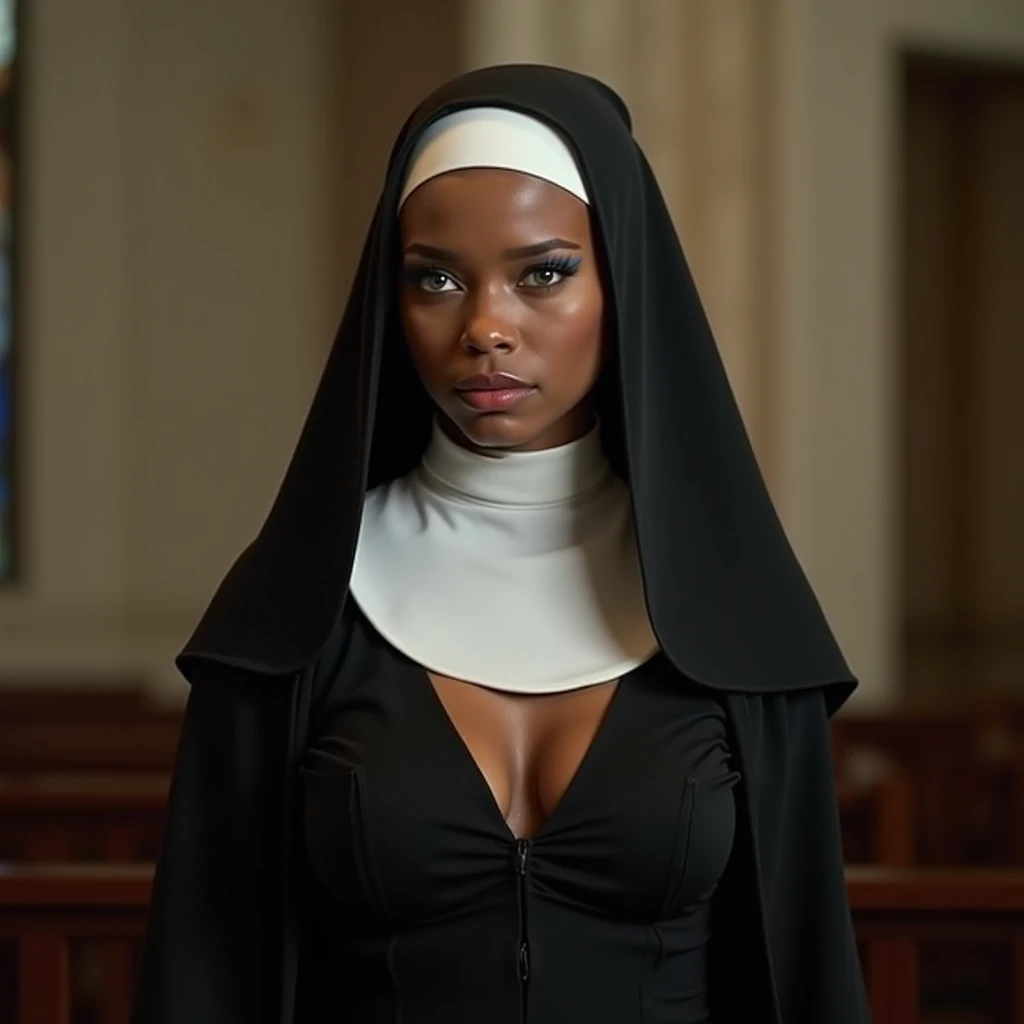 Tyra banx shaved head (very big size breasts 1.8) very small waist, very wide hips, as a sexy nun on her knees in church