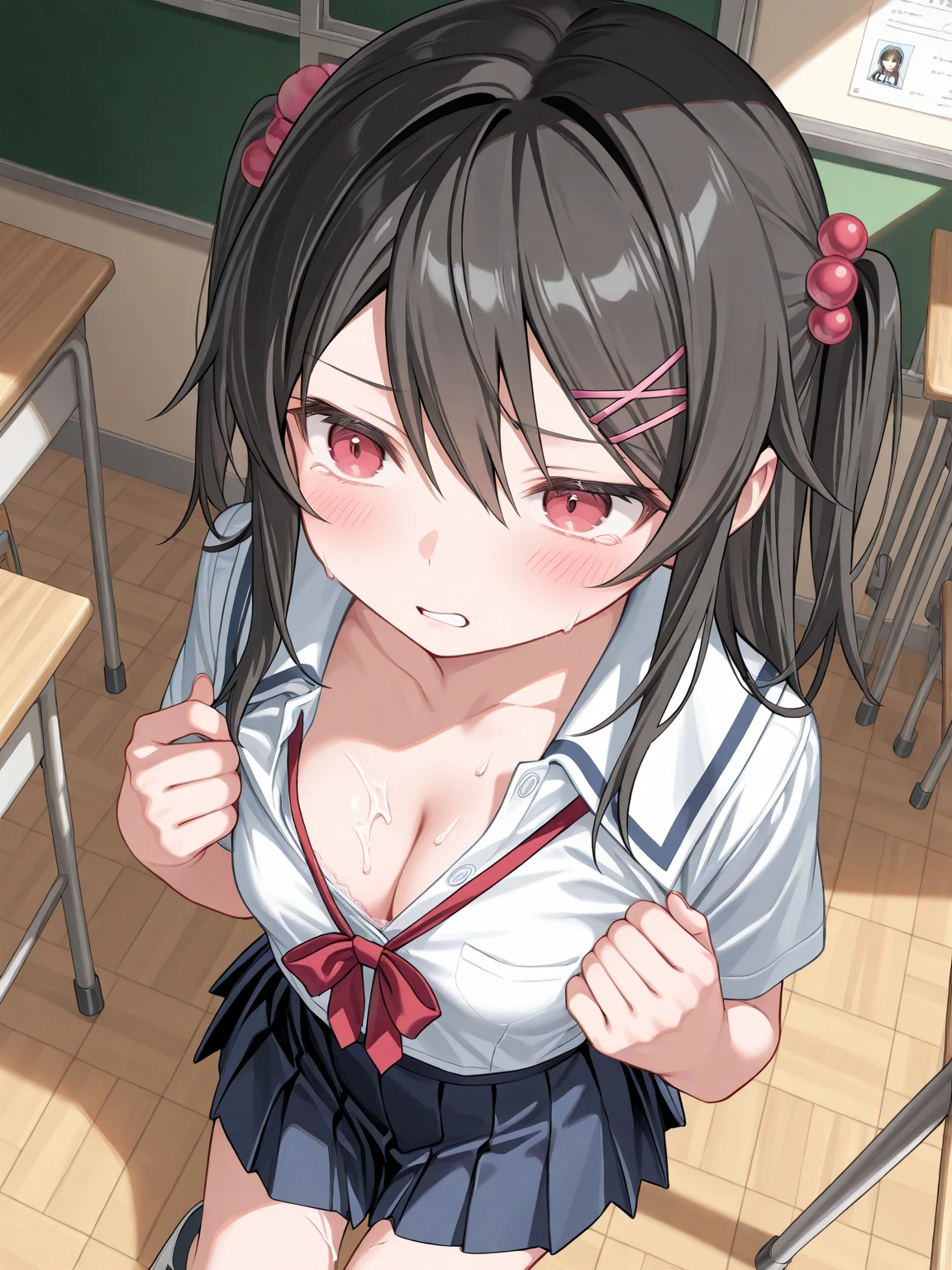 (8k,High quality),(at classroom:1.3), Sexy pink lingerie,Belly button,((Solo,A boy)),(embarrassed and blush,disappointed,constricted pupils:1.2,scared:1.3,tears), (Patience:1.6),show teeth,flat chest:1.5,Short black Hair,lowrise bottom,fullbody