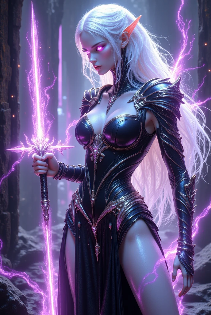 ((masterpiece, best quality)), (extremely detailed CG unity 8k wallpaper), realistic style, solo, ((female)), sorceress, dark elf, long pointy ears, charcoal grey colored skin, very long hair, black panda hairstyle, large silvery-white streak in hair, ponytail, dark amethyst purple irises with eye whites, well defined eyes, upturn eyes, upturn brows, large breasts, cleavage, midriff, athletic build, Attire: Gothic/Tribal style, iridescent chrome tiara/headdress, iridescent chrome studded leather rogue armor, a sexy Metallic Purple colored sheer silk bikini top, a sexy Metallic Purple colored sheer silk double side split dress bottom, Metallic Purple colored cape, mid-thigh high black leather, Area setting: fantasy style, Megalithic Cyclopean ruins of exotic architecture, subject is wielding an exotic magical rapier in her right hand, cast a spell with her left hand, full body view, Dynamic Action Pose, Viewer POV: Front, electrical storm in sky, windy, cinematic lighting.