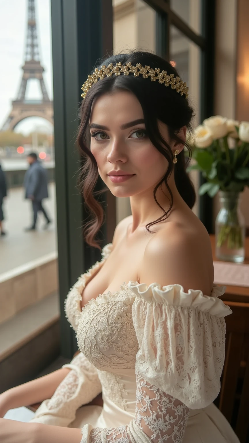 .RAW, analogique, award-winning glamour photography,((Best quality)), ((Masterpiece)), ((Realstic)), peau mate, Beautiful French woman wearing, Robe en dentelle et corset, 18 ans, (longs cheveux bruns), Yeux noisette, petits seins perky, sitting outside in a Parisian café, Eiffel Tower in the background, petite, ((petits seins)), innocent, Flower pedals in the air, (Rousseur:0.6), Intricate details, highly detailed, mise au point nette, professionnel, 4K, Rayons divins, hand model, Superbes yeux bleus, petite, Delicate, innocent,high resolucion, Detailed facial features, High detail, mise au point nette, lisse, aesthetics, Extremely detailed, photo_\(ultra\), photoreallistic, Realstic, Post-traitement, max detail, roughness, real life, ultra realist, photorealism, photographie, 8K UHD, photographie, SEMI-SILHOUETTE light, Visage russe
