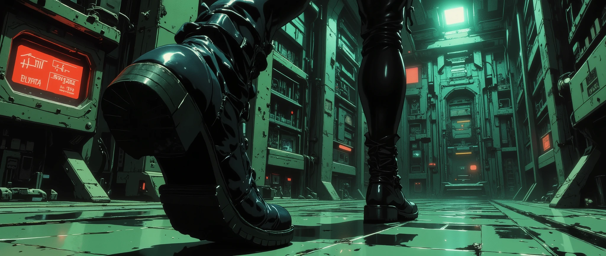 [[Anime Scene]] [[Anime Background]] A masterpiece, very current, high quality, 90s-style anime scene, with a dark and retro atmosphere, inspired by 90s anime. Close-up scene of combat boots seen from a right angle, the scene captures footsteps, only the feet, a close-up of women's black combat boots followed by tight black leather pants on the floor of a retro-style spaceship, right angle, smooth metal structure wall, [[Right Angle]] the background is dark and poorly lit, the anime style features an anime background and a 32k cel tone technique. The rendering is in the style of the animes Vampire Hunter: Bloodlost and Blame and Black Lagoon. Exposed wires. The ship has a steampunk style. Straight and linear walls, [[Right Angle]] [[Side View]] [[Side View]] inspired by post-apocalyptic spaceships.