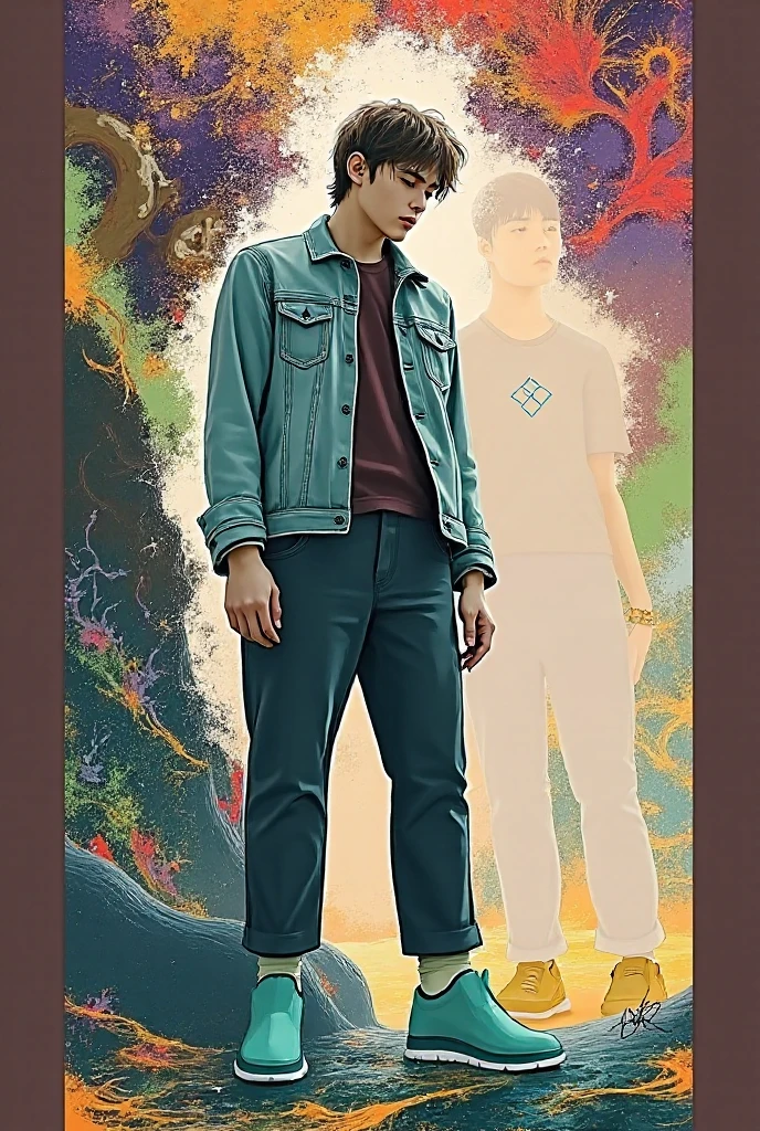 ((fractal art)),((masterpiece,best quality,extremely detailed,ultra high res,detailed background)),(((abstract background))),(1guy),((colorful)),flowers,(shiny skin),((many colors)), Short blonde hair, deep blue eyes,  black glasses, t-shirt and jeans
