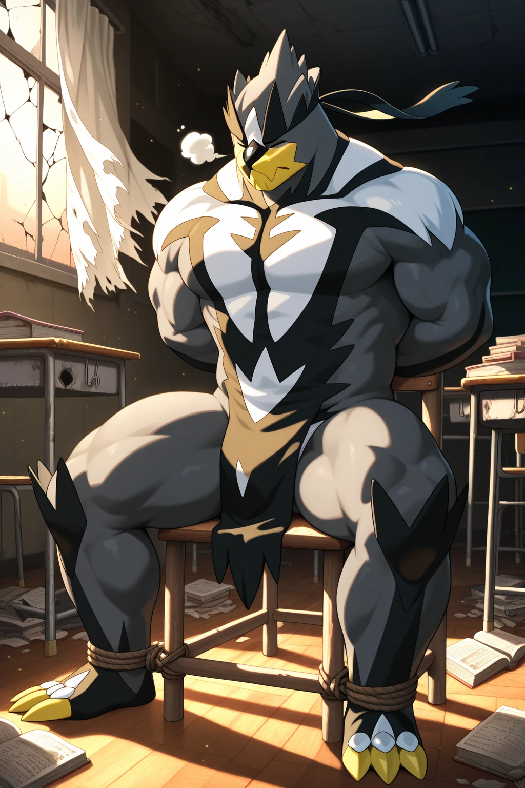Medium muscular, revali, feathered, feathers on body, no shirt, no pants, no shorts, jockstrap, anatomically correct genitals, bird genitals, massive bulge, big bulge, large bulge, bulge as big as his head, zoomed in on crotch, (((sweaty))), arms above head, spread legs, standing up, breathing hard, standing in a gym locker room, bedroom eyes, hairy armpits, hairy lower chest, hairy chest, mystikfox61, chunie, darkgem
