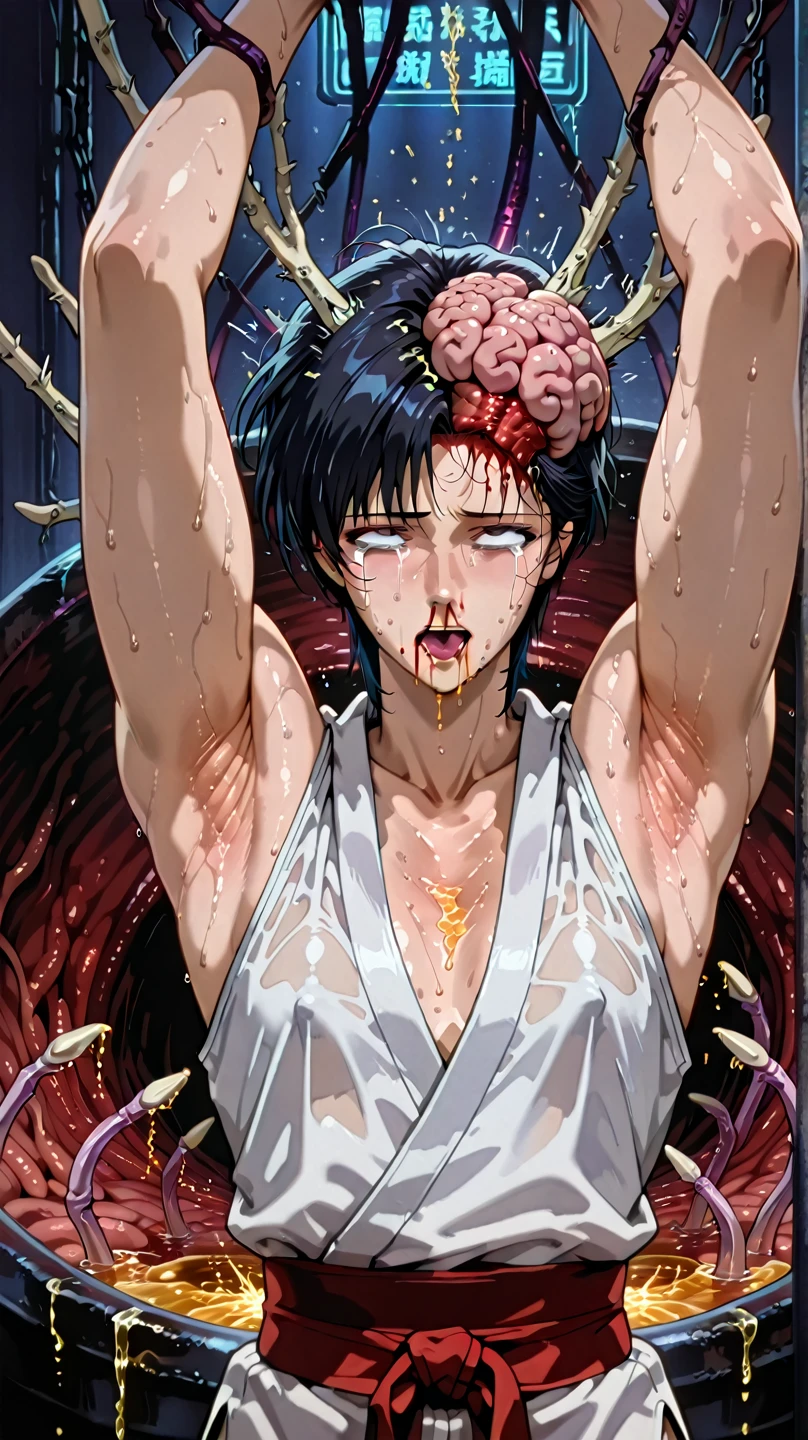 Hombre sangrando por la nariz, ((cabello rosado)) oro en las manos, Manos levantadas, sangre saliendo de la nariz