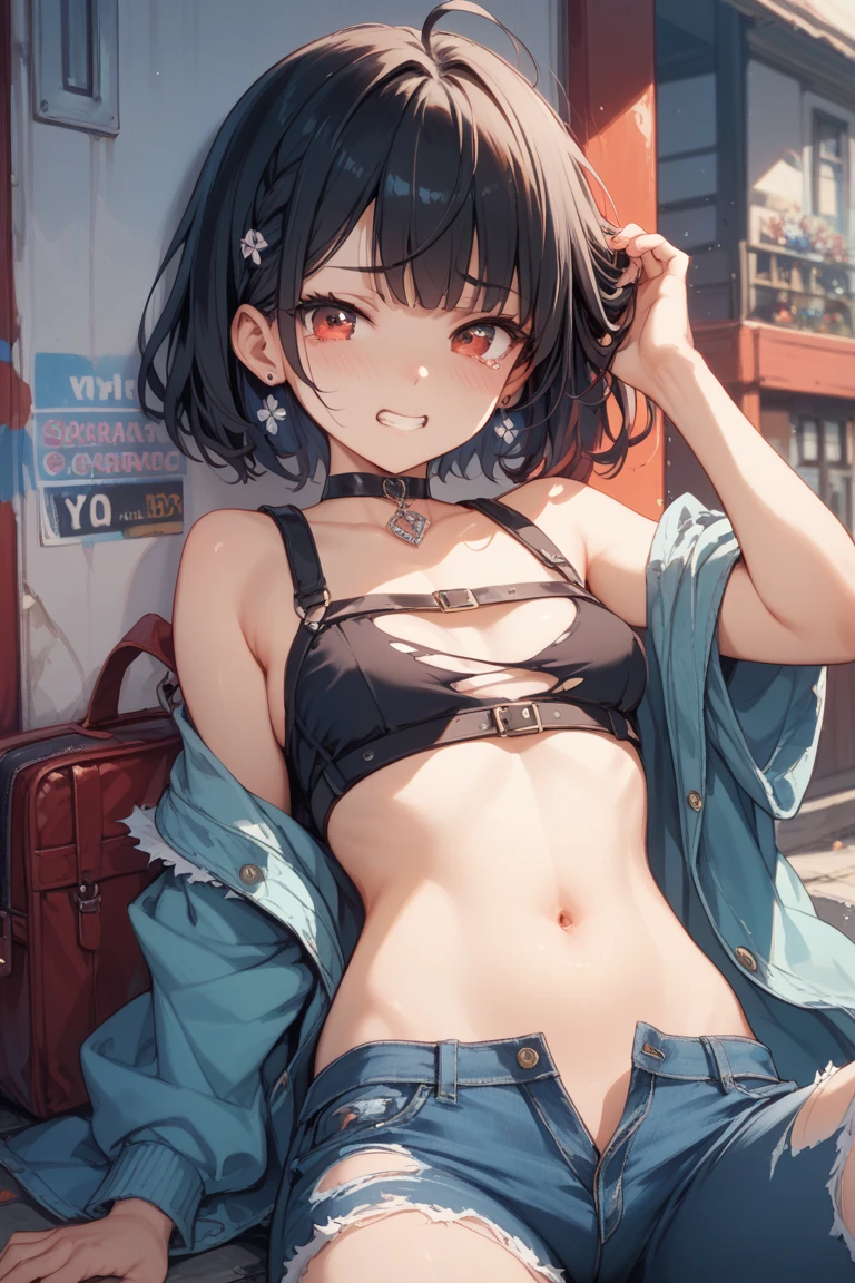 (Best quality, 8k, 32k, Masterpiece, UHD,:1.2),RAW, 1girl,ultra cute , natural lighting,transparent shining eyes, 18yo ,fair complexion ,flushed face,,blue eyes、Sexy Pumpkin Spice Ensemble, A form-fitting, off-the-shoulder crop top in a deep, ((burnt orange color)), The top features long sleeves with ruffled cuffs and a sweetheart neckline that accentuates the collarbone, BREAK, High-waisted, black faux leather mini skirt with a lace-up front detail,BREAR, The top has a subtle pumpkin spice scent embedded in the fabric , The skirt has a slight sheen, a matching Black clutch, ((deep, burnt orange inner hair))