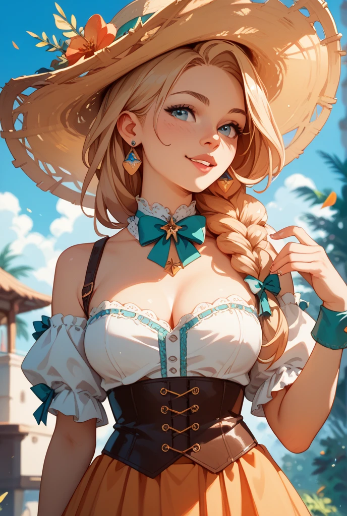 ( Absurdly , High quality , ultra detailed ) ,( hand detailed ) , 1girl, solo, mature, very long hair, sunflower hair , beautiful crystal eyes ( eye detailed ) Baroque, Necklace, long dress, long sleeve, elegant, colorful, highest detailed, upper body , with the river and sunflowers
