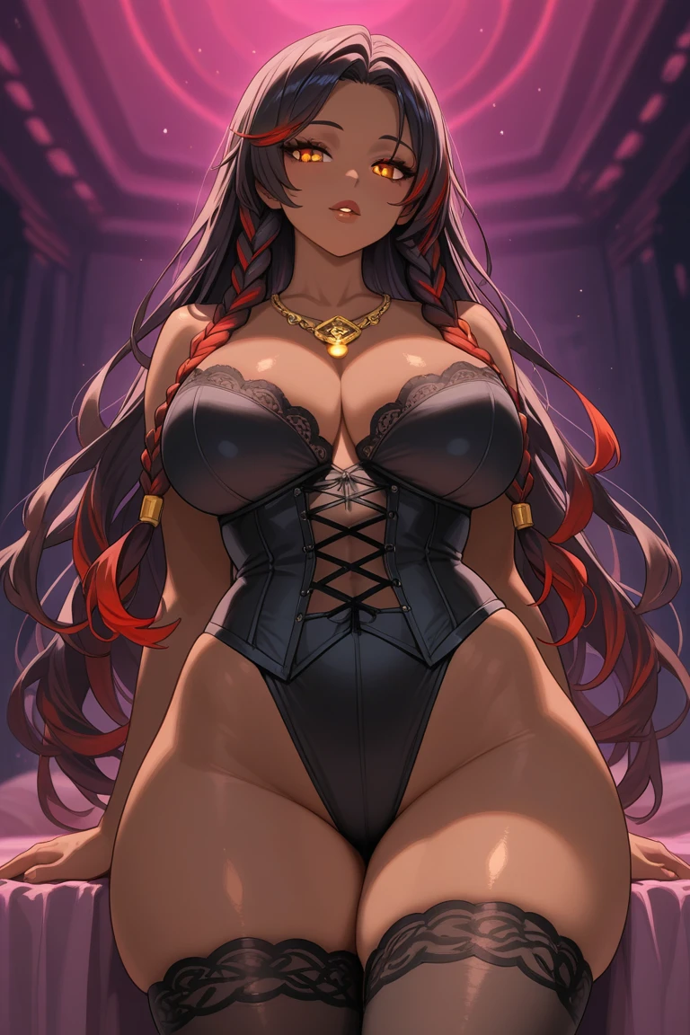 (masterpiece), best quality, expressive eyes, perfect face,high quality eye, clear eyes, red eyes, red eyes, standing in street, night time, perfect curvy body, big thighs, big calf, hd high quality image, 4k quality, fill size image, fill character, top to bottom, full size image, top to bottom, red angle strap heels, red angle strap heels, cleavage, cleavage, high quality, 4k black black tight legging