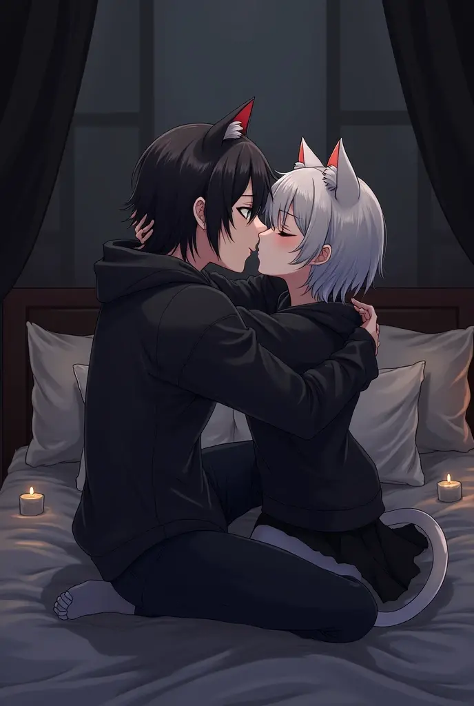 Anime couple lying on the bed with a cat on their back, A vampire white fox, He holds her, While she sleeps, Tumblr, he has dark gray hair, wipe, yay, depraved pose, anime white fox, anime A vampires, in pixive, 2b, 2 p, sad!, from Shingei, bite her lip, A vampire, dramatic scene