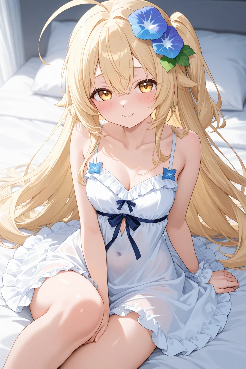 ((masterpiece))((Highest quality))girl、smile、blush、Flat Chest、Are thin、Blonde Hair、Long hair up to half of one's height、blush、Are standing、Whole body image、Even your toes are visible、Eye level on face、front、No background、真frontのアングル