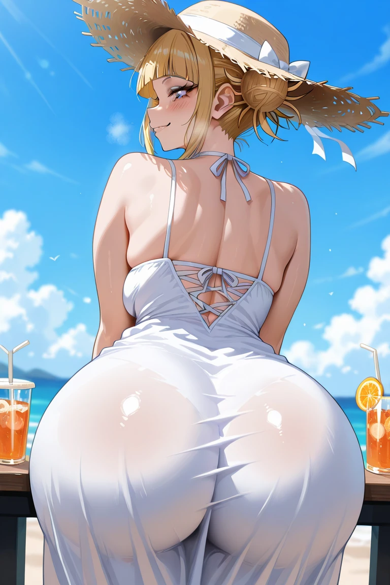 heavenly beautiful tall mom with long blonde hair, blue eyes, long white dress, cute smile, 19 years old, large breasts, triple D cup breasts, round buttocks, bubbly buttocks, wide hips, bubbly ass,