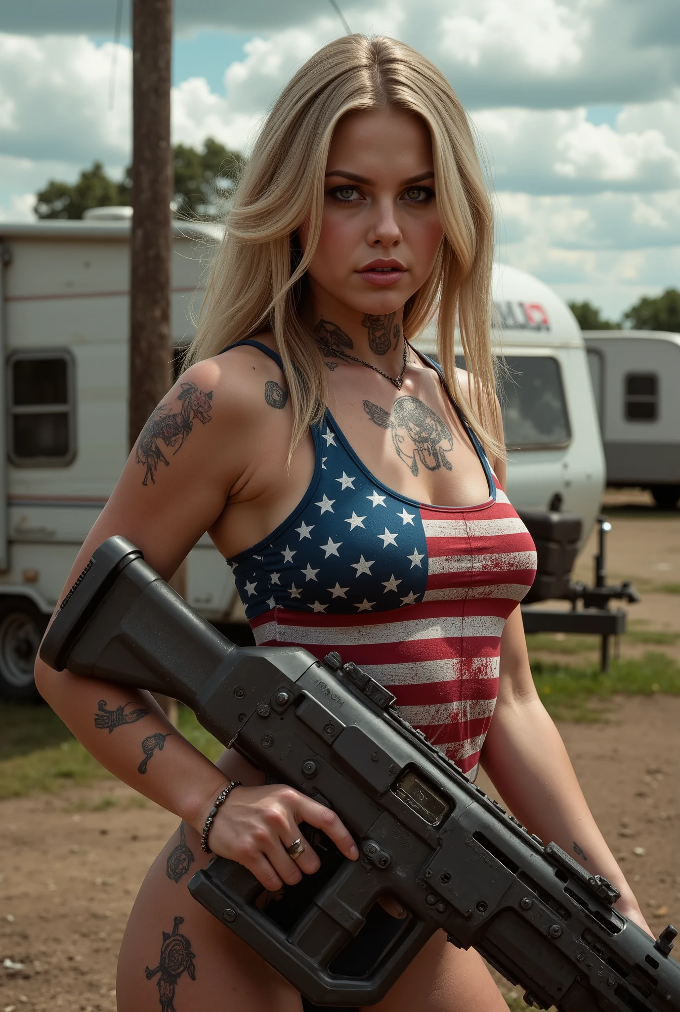 american girl, trailer park, white trash, american flag color clothes, with guns creepy, scary, brutal, dangerous, fantasy artwork, masterpiece, 8k, high detail